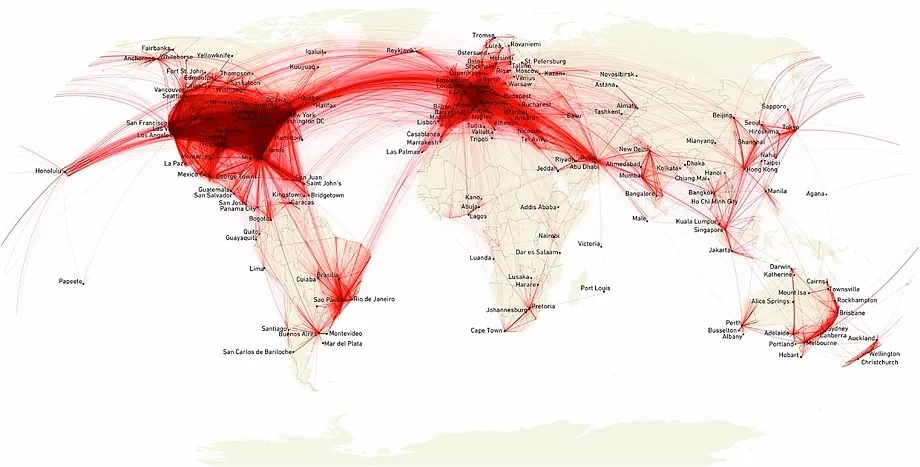 Map of the 4.3 million private city-to-city flights from 2019 to 2023.