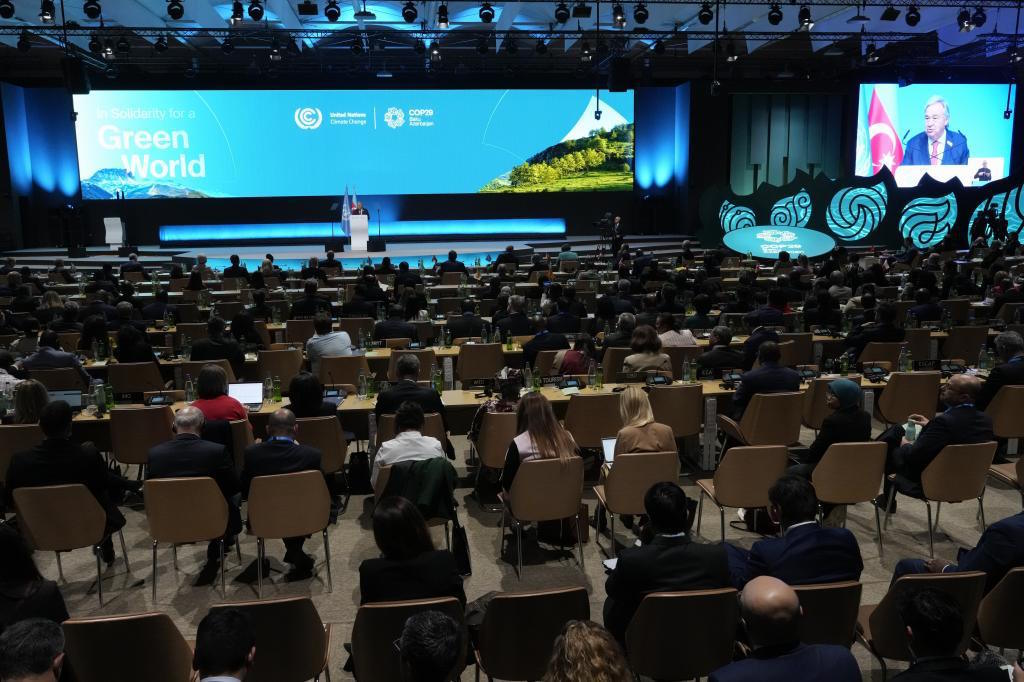 Guterres speaks during a plenary session at the COP29 U.N. Climate Summit.