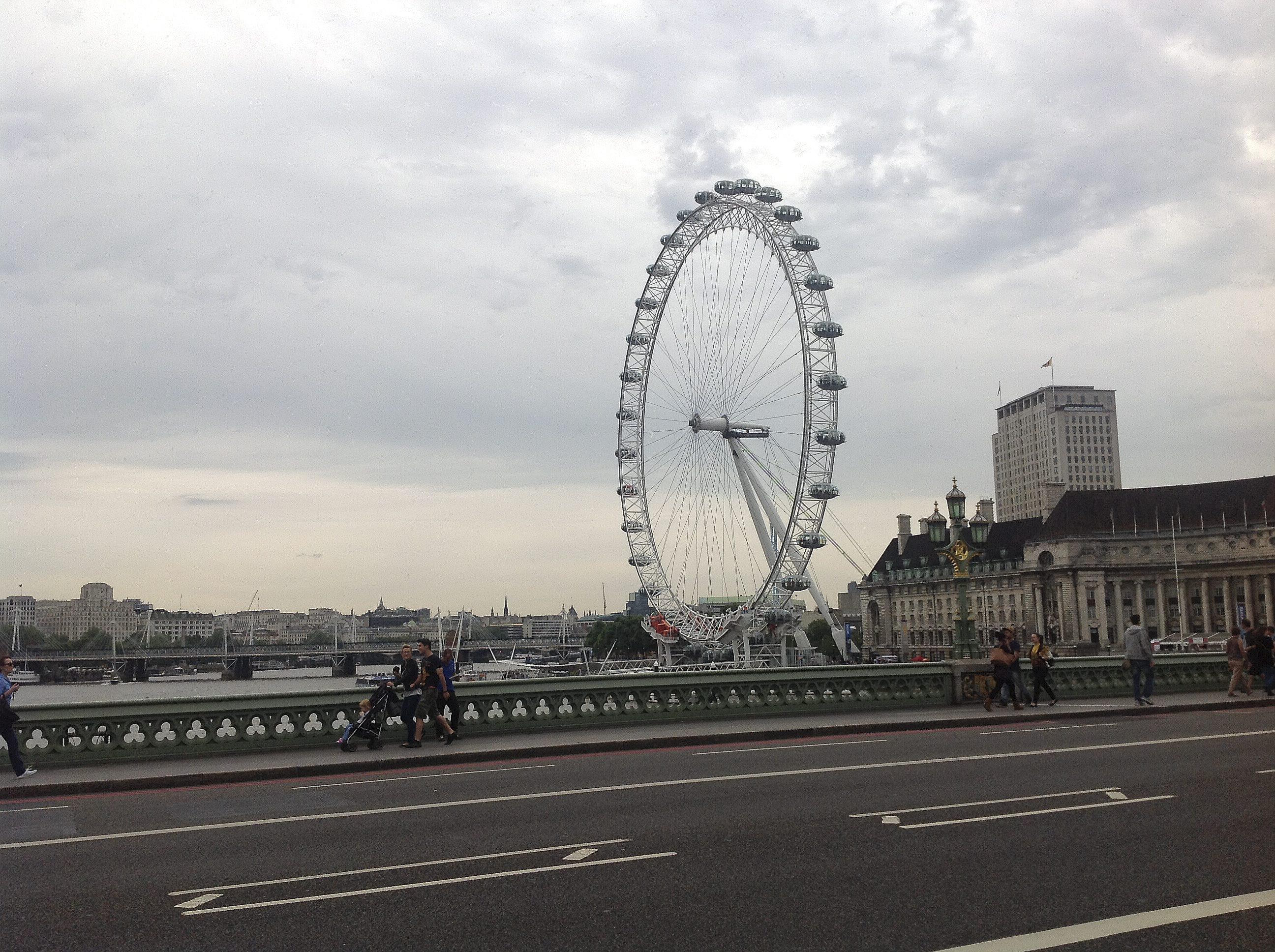 One of the streets in central London with the London Eye in the background.