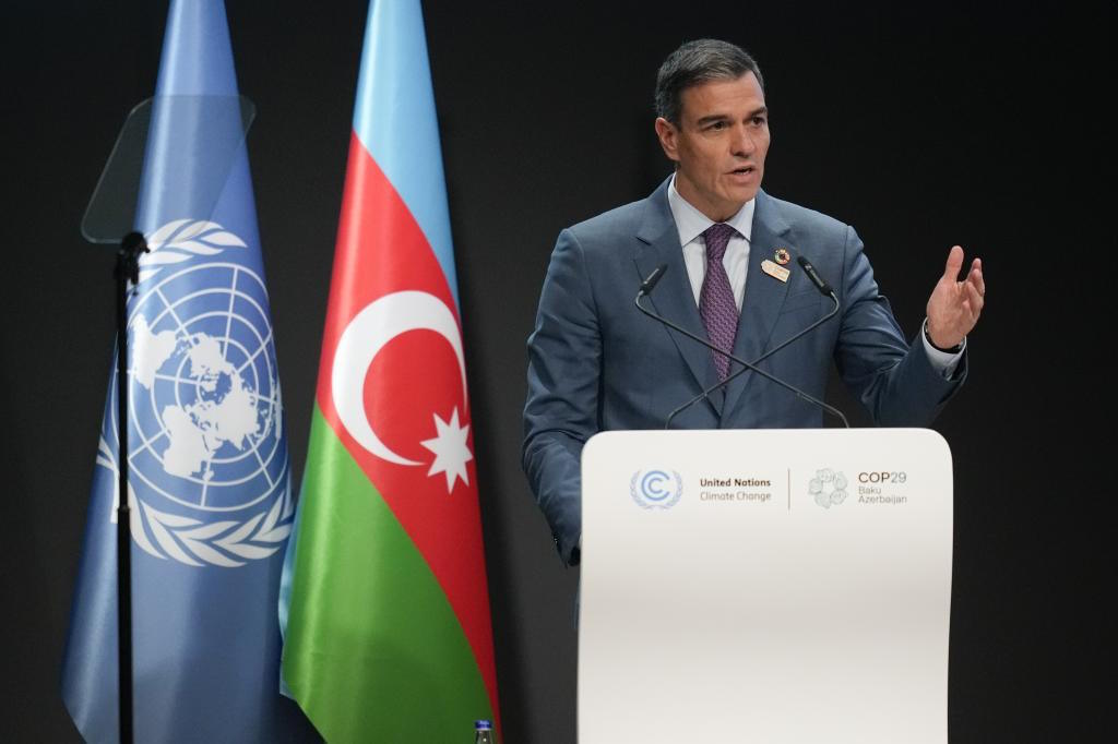 Spain President Pedro Sanchez speaks at the COP29 U.N. Climate Summit.