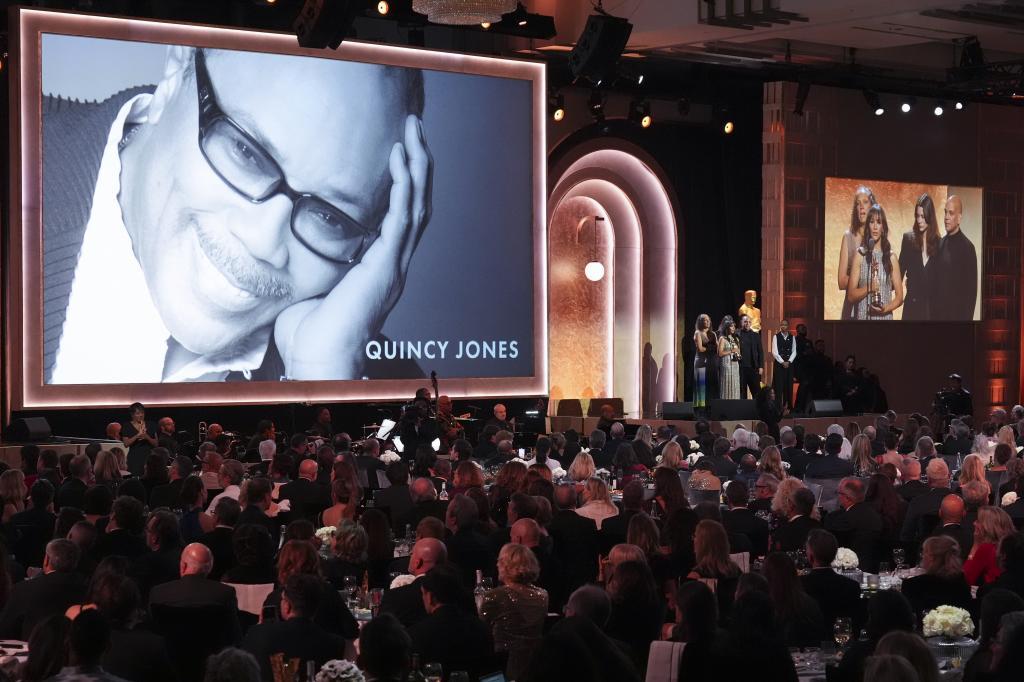 Martina Jones, from left, Rashida Jones, and Quincy Jones III accept a posthumous Honorary Award for Quincy Jones