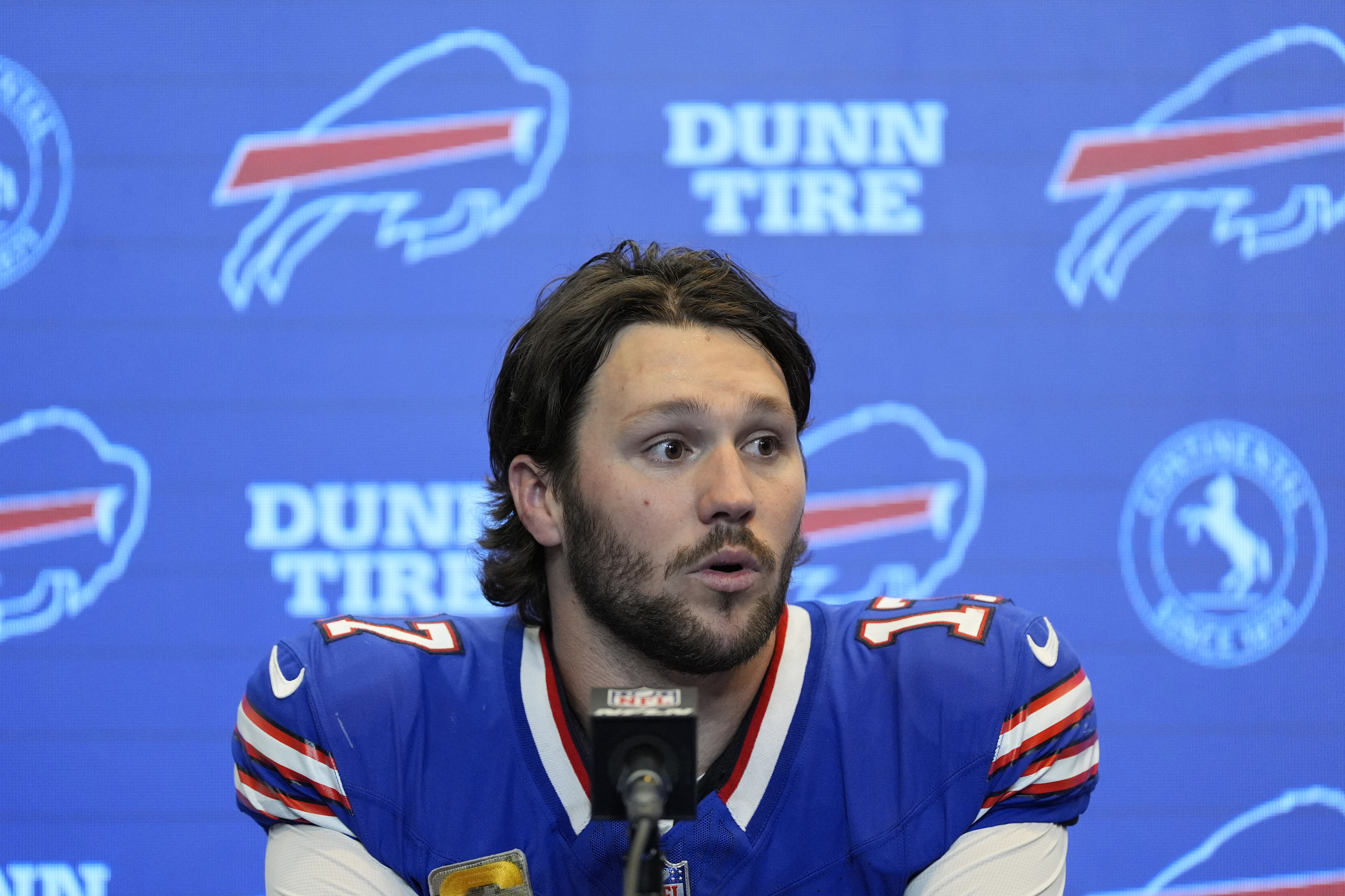 Buffalo Bills quarterback Josh Allen speaks during a news conference.