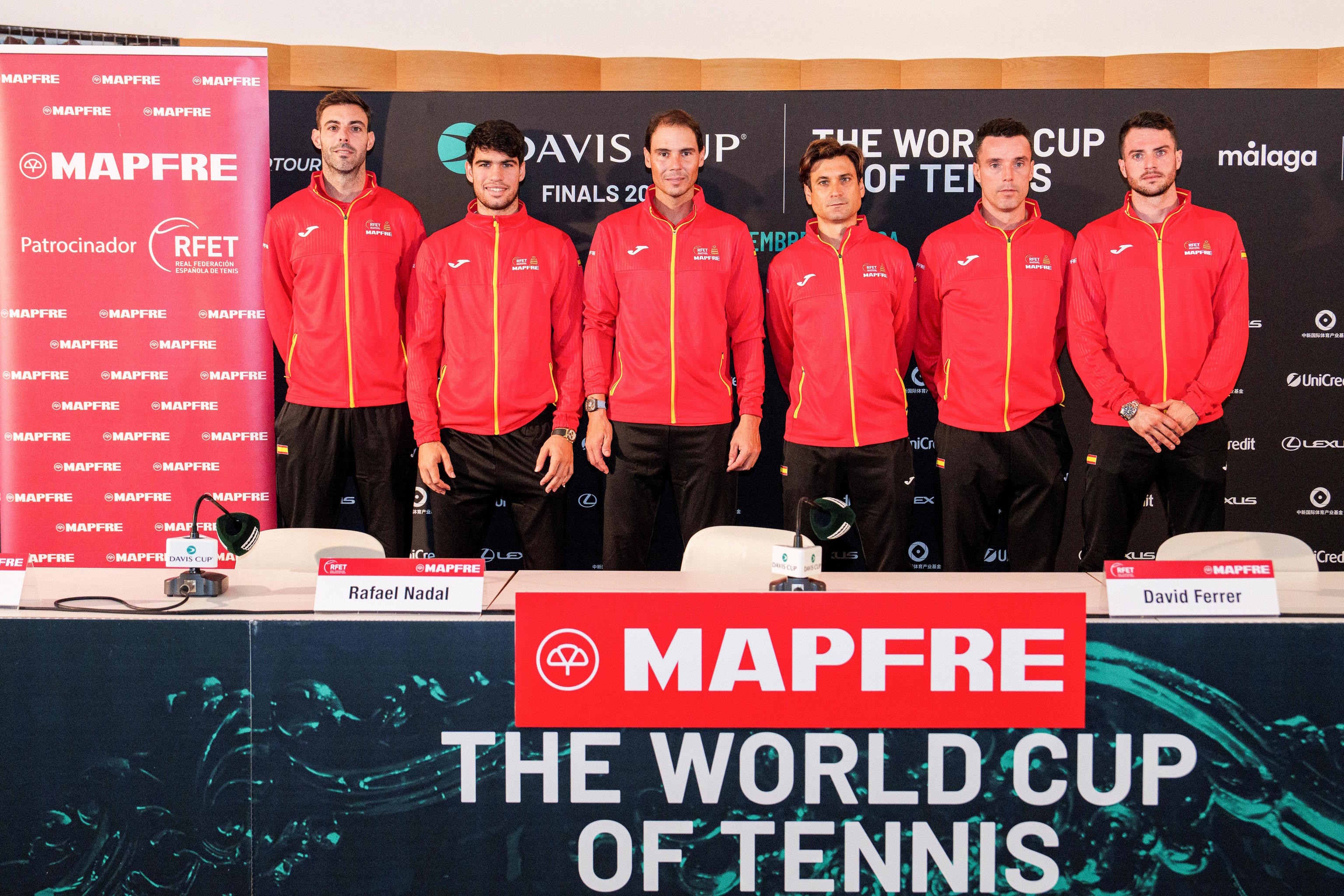 Team Spain pose during a press conference prior to the 2024 Davis Cup.