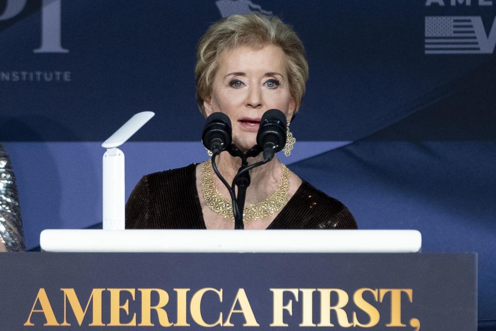 Linda McMahon speaks during an America First Policy Institute gala