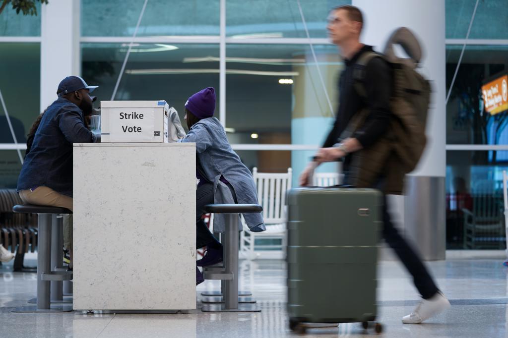 An union ballot drop box is seen at Charlotte Douglas International Airport