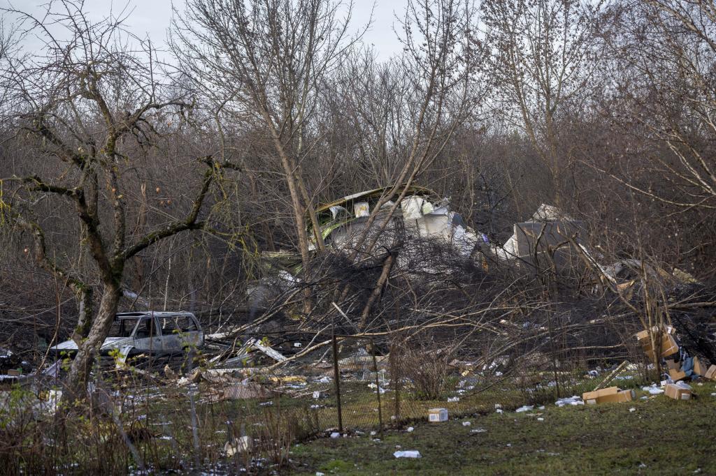 A view of the wreckage of the DHL cargo plane that crashed into a house near Vilnius