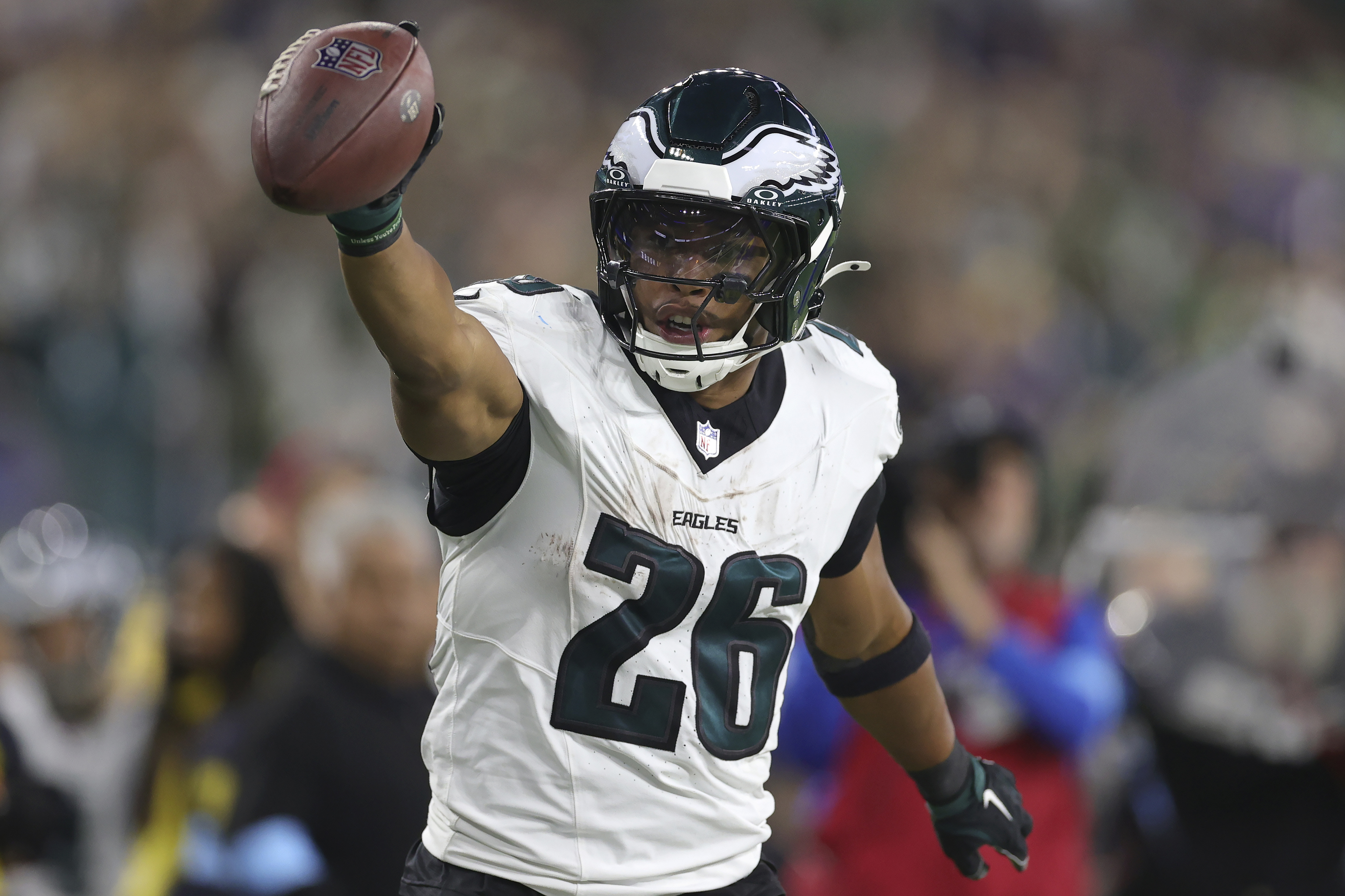 Philadelphia Eagles running back Saquon Barkley (26) reacts after a run against the Los Angeles Rams.