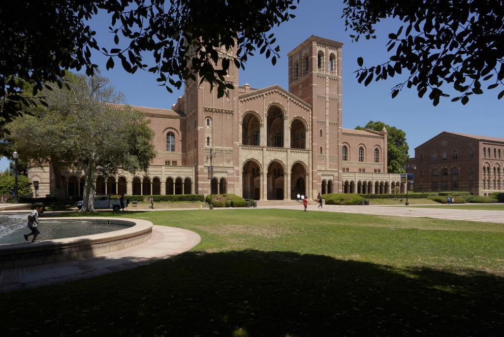 Children play outside Royce Hall at the University of California