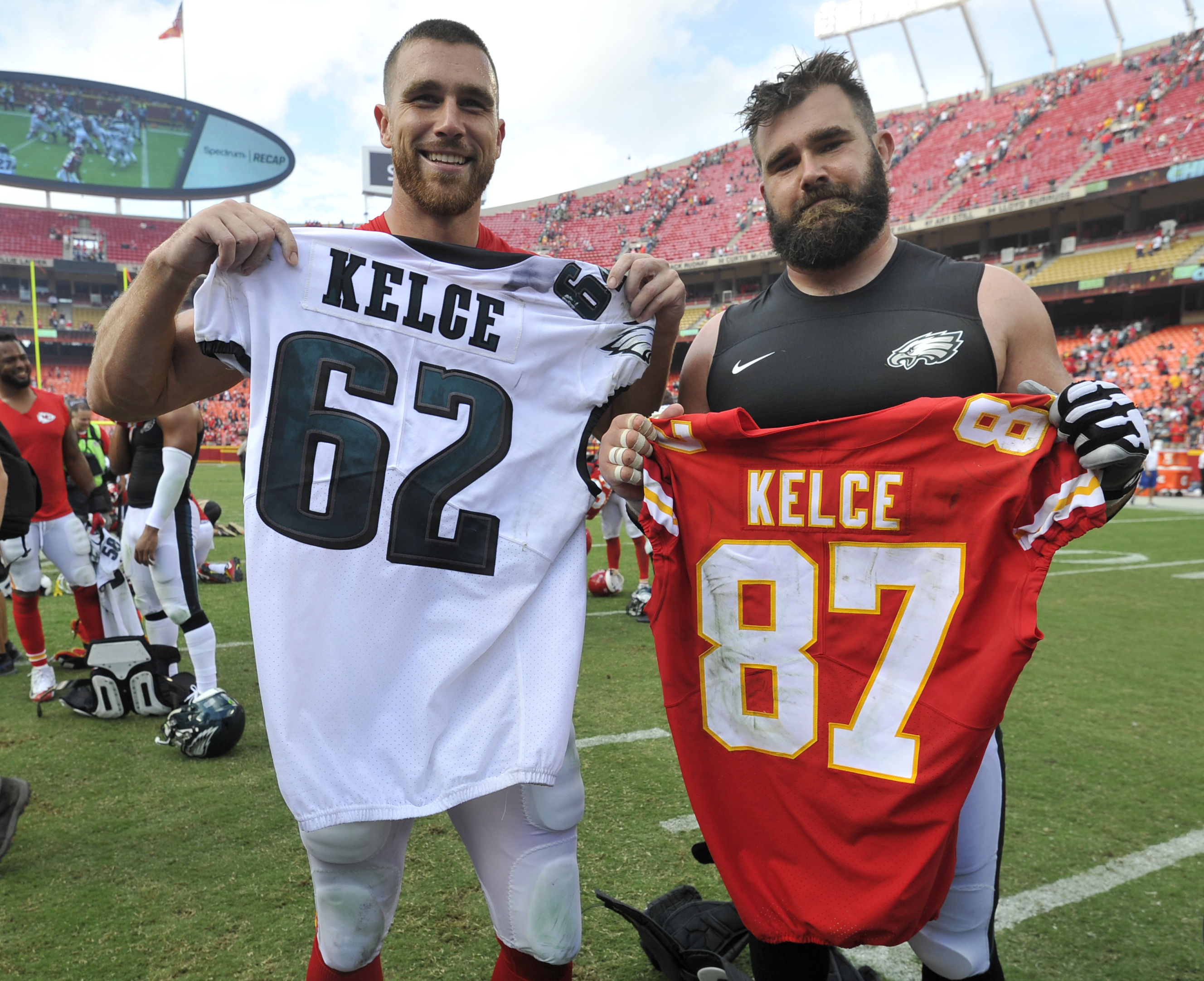 Kansas City Chiefs tight end Travis Kelce, left, and his brother, Philadelphia Eagles center Jason Kelce (62).