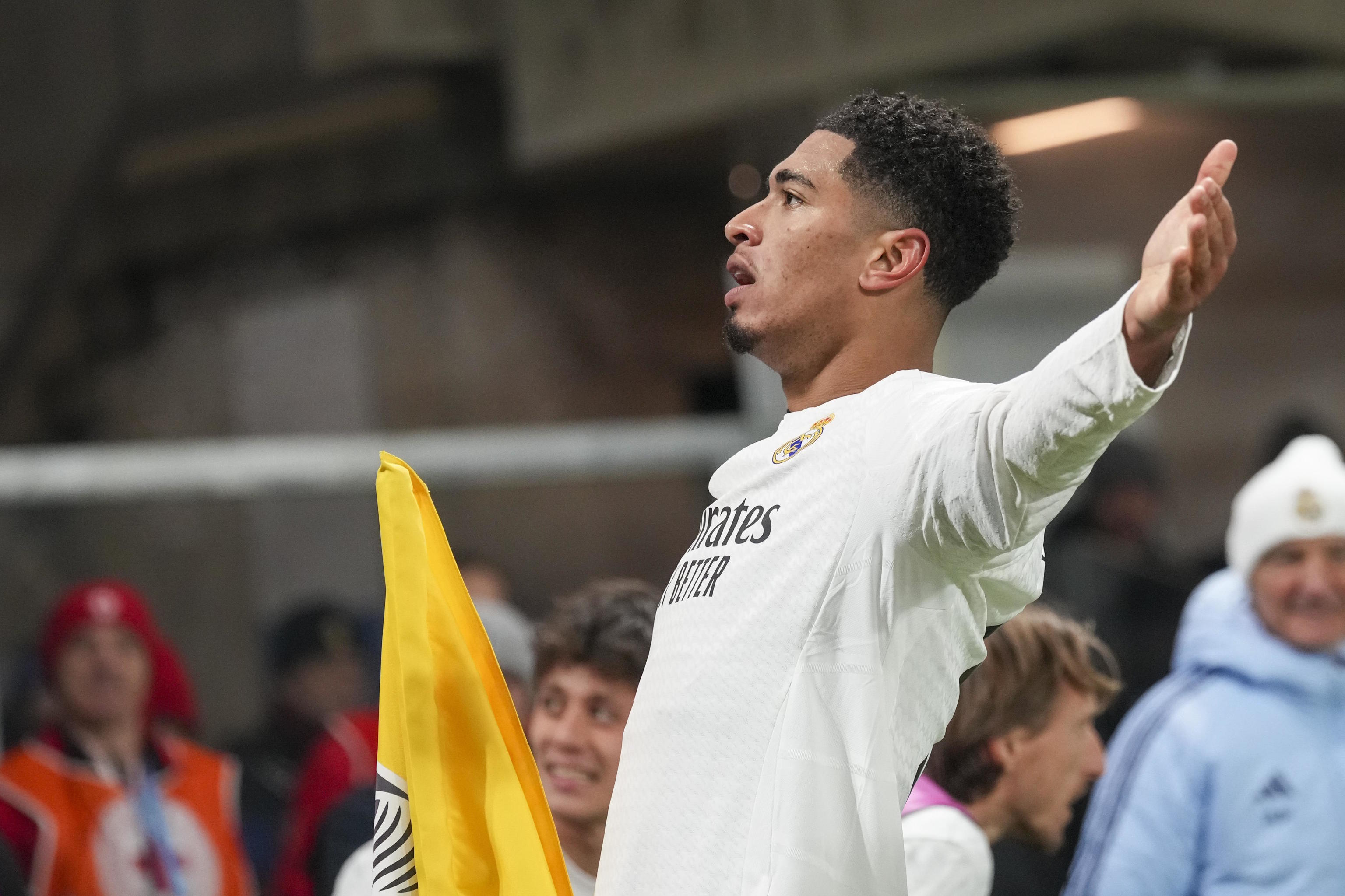 Real Madrid's Jude Bellingham celebrates after he scored his side's third goal.