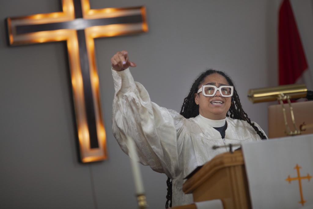 The Rev. Jennifer Susanne Leath gives the Sunday sermon at Tanner-Price AME Church in Windsor