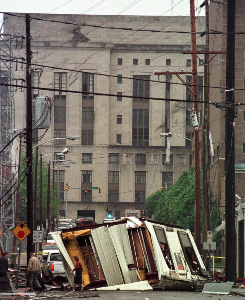 A prefabricated house destroyed in the middle of a street in Tennessee.