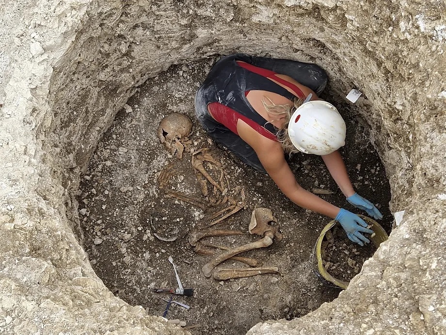 A researcher works on one of the skeletons from the Winterborne Kingston cemetery.