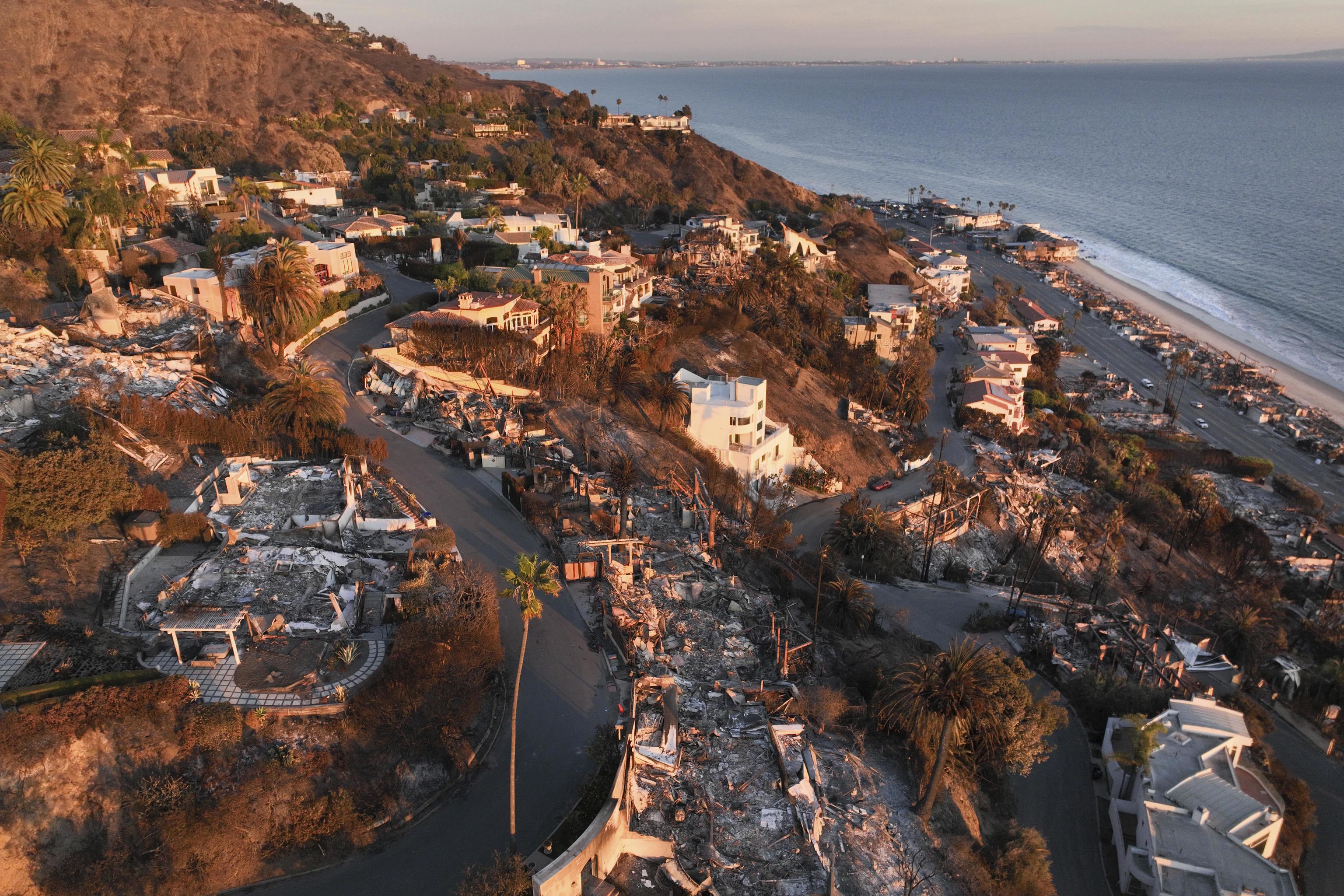 An aerial view shows the devastation by the Palisades.