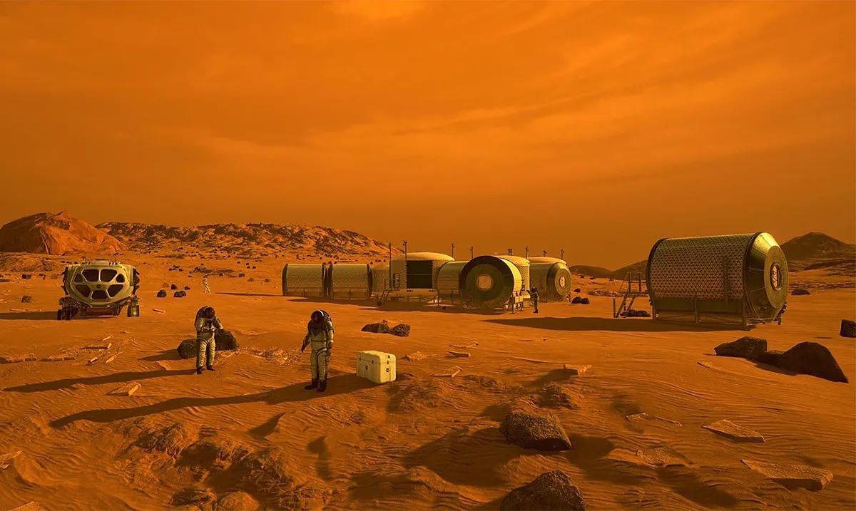 Astronauts working at a Martian base.