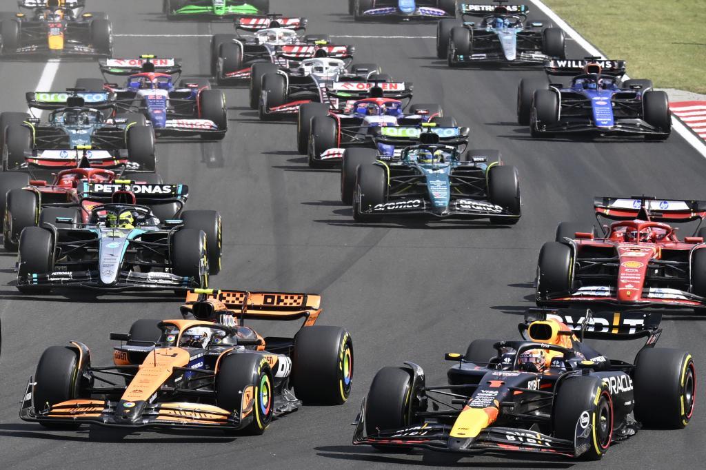 Drivers with their F1 cars start for the Hungarian Formula One Grand Prix race