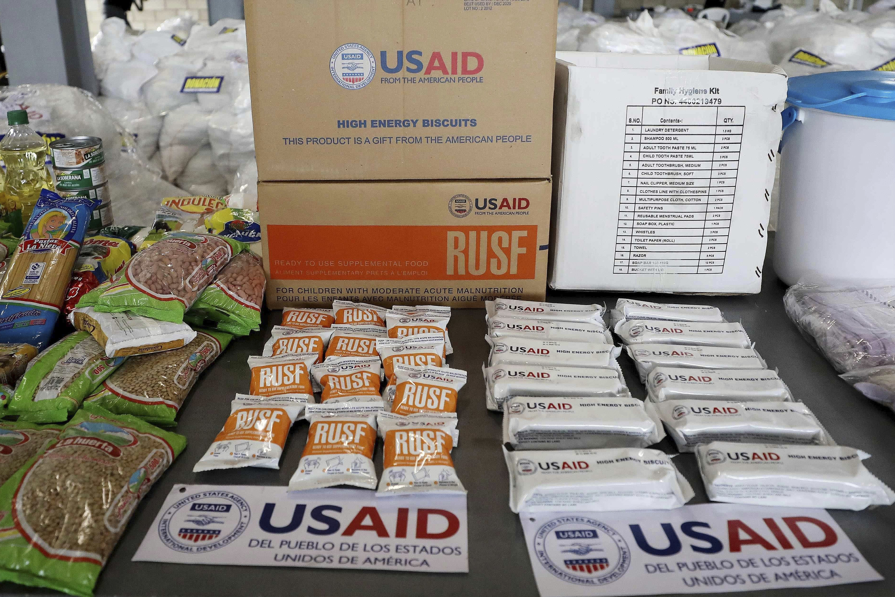 USAID humanitarian aid destined for Venezuela is displayed for the media.