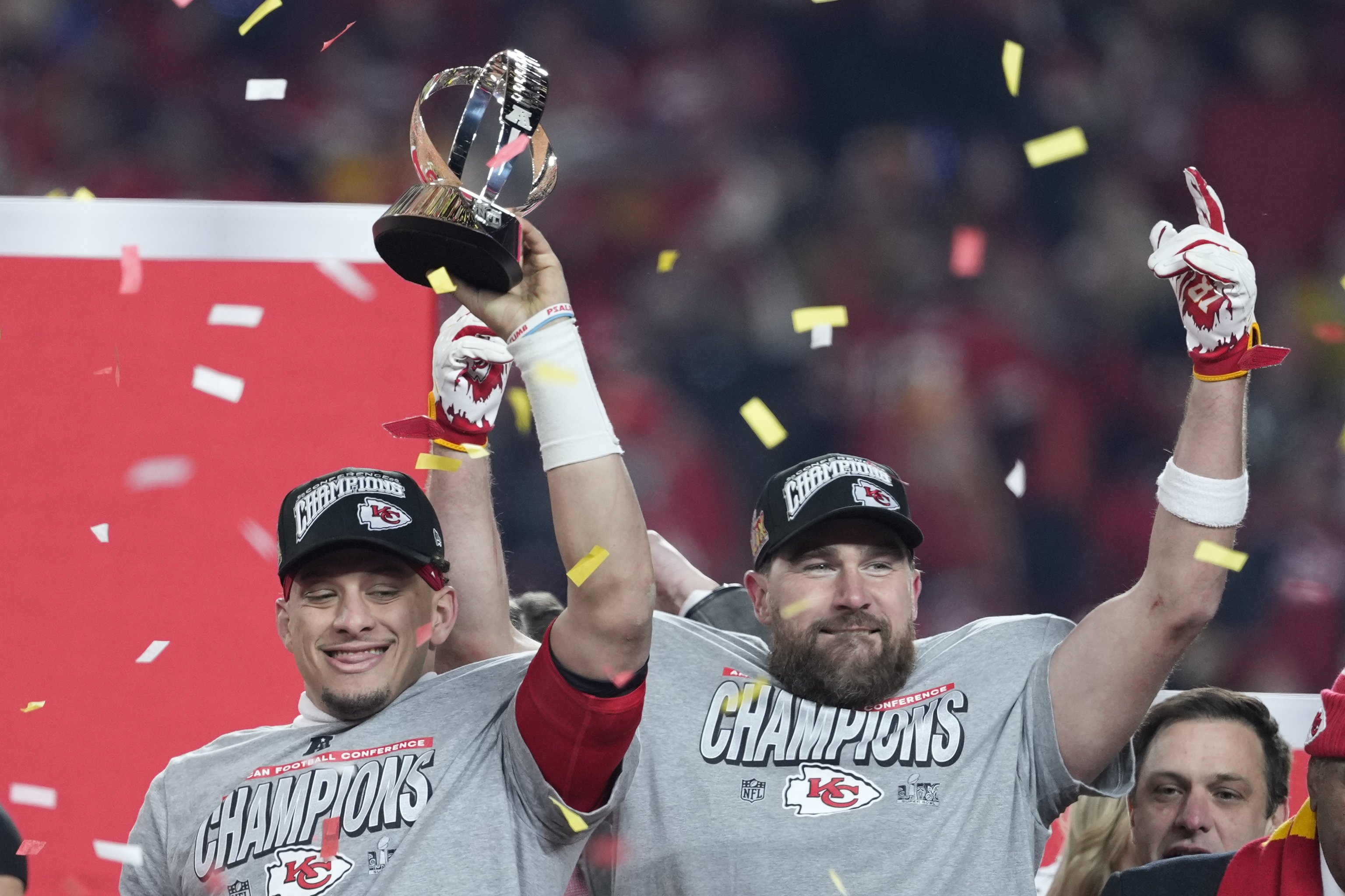 Kansas City Chiefs quarterback Patrick Mahomes, left, and tight end Travis Kelce celebrate after the Chiefs defeated the Buffalo Bills.