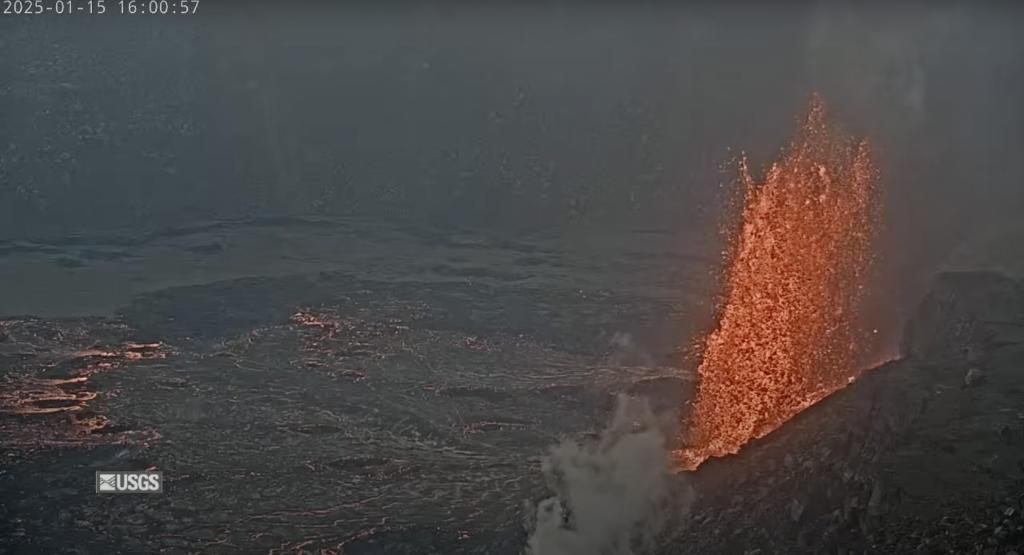 This image taken from video provided by United States Geological Survey on the USGS live feed shows Kilauea Volcano erupting