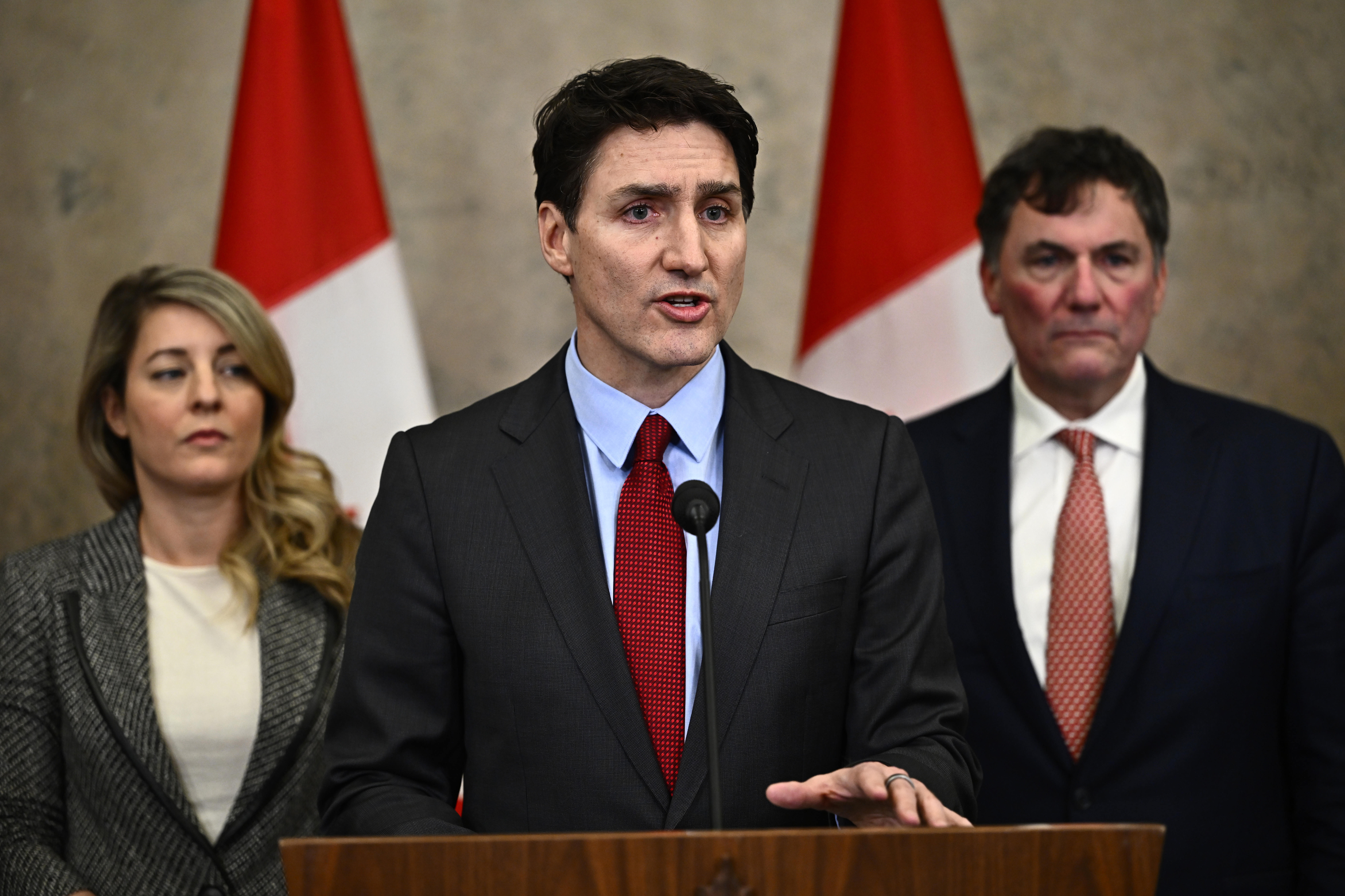 Canadian Prime Minister Justin Trudeau addresses media members after U.S. President Donald Trump signed an order to impose stiff tariffs.