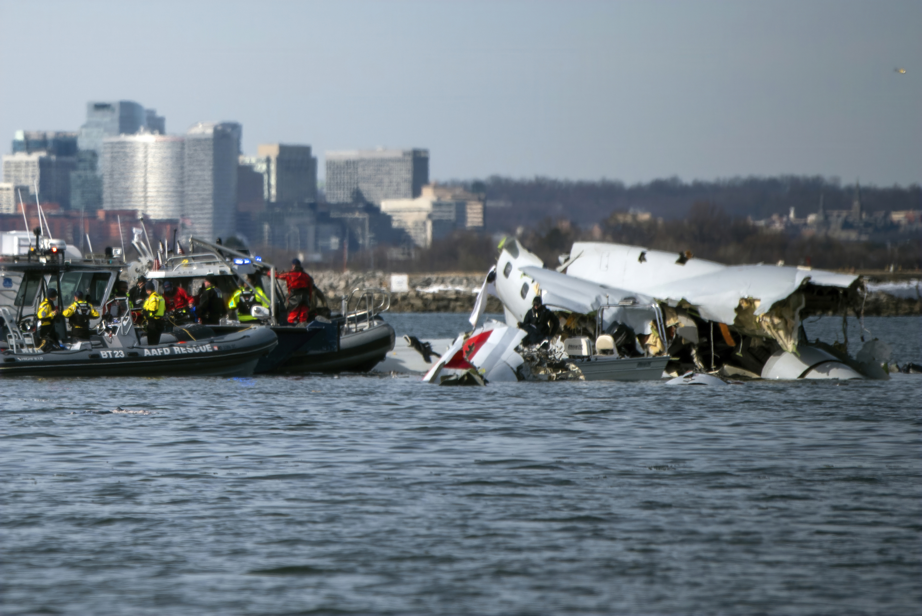 Wreckage is seen in the Potomac River near Ronald Reagan Washington National Airport.