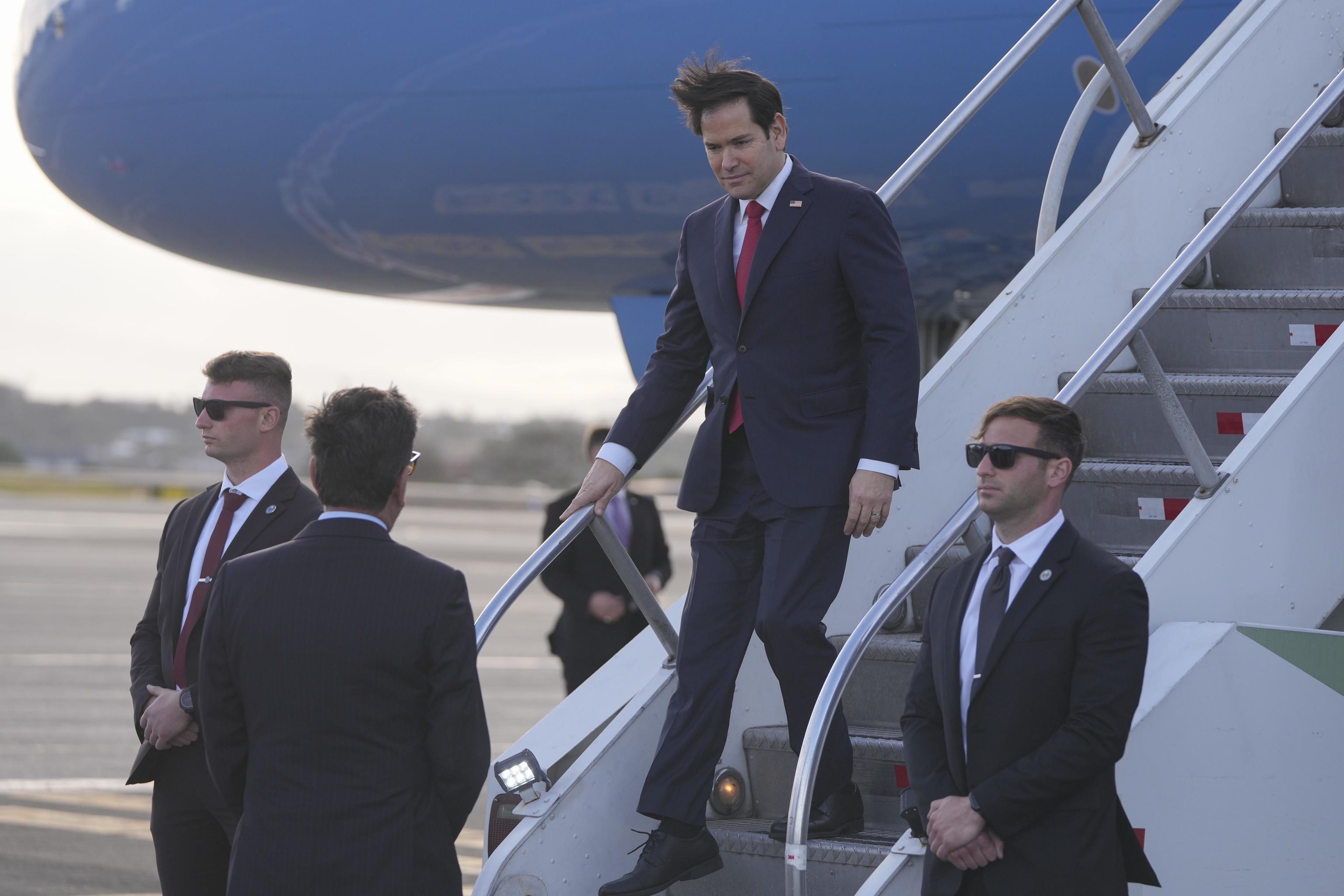 Secretary of State Marco Rubio deplanes in San Jose, Costa Rica.