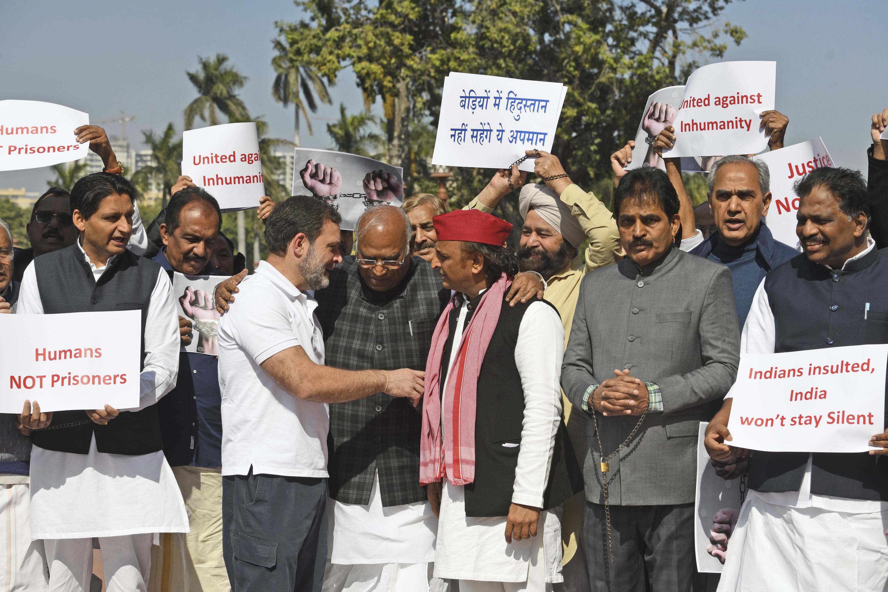 Protest in New Delhi, to condemn the mistreatment of Indian immigrants during their deportation from the US.