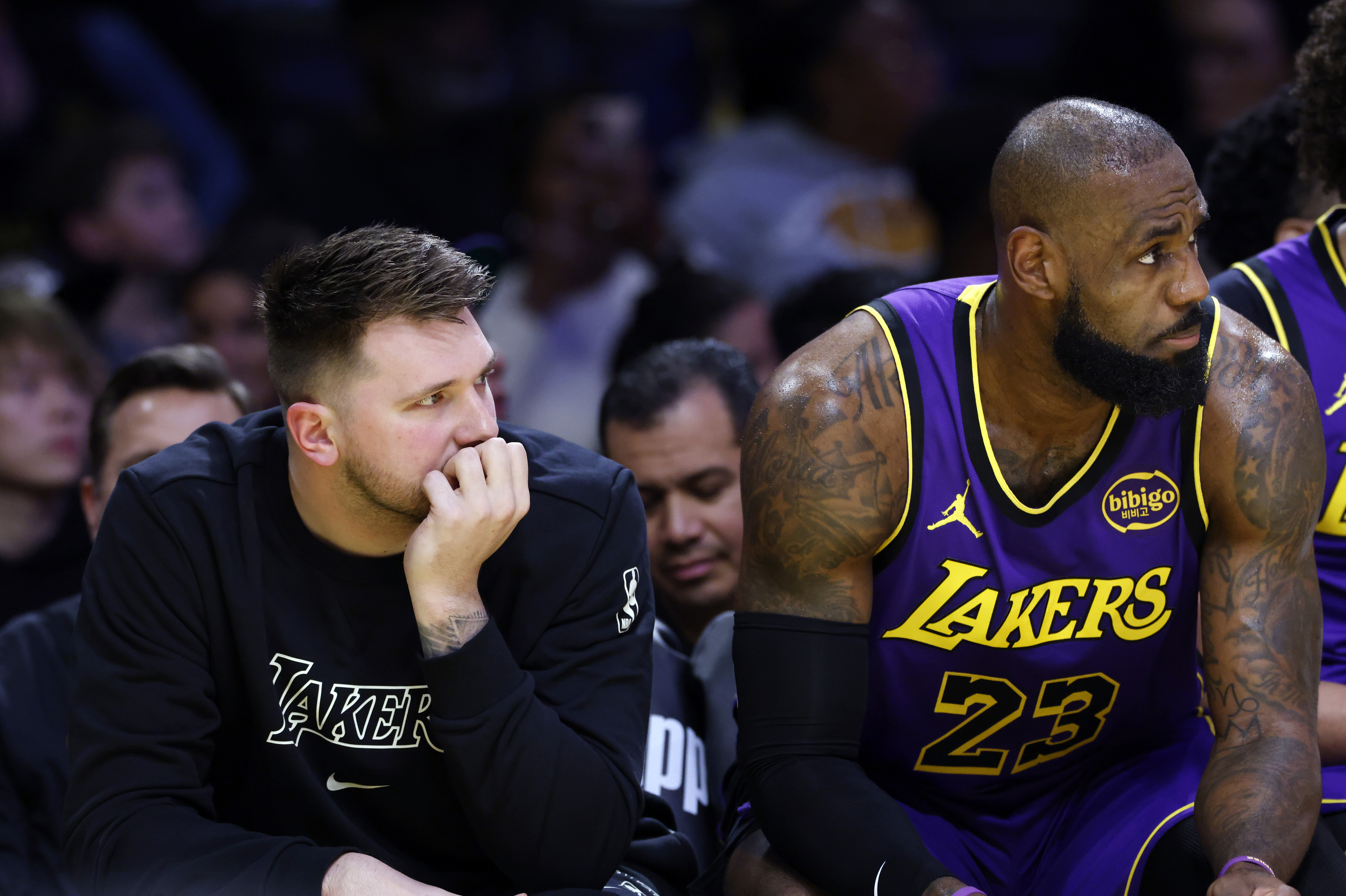 Los Angeles Lakers guard Luka Doncic, left, and forward LeBron James, right.