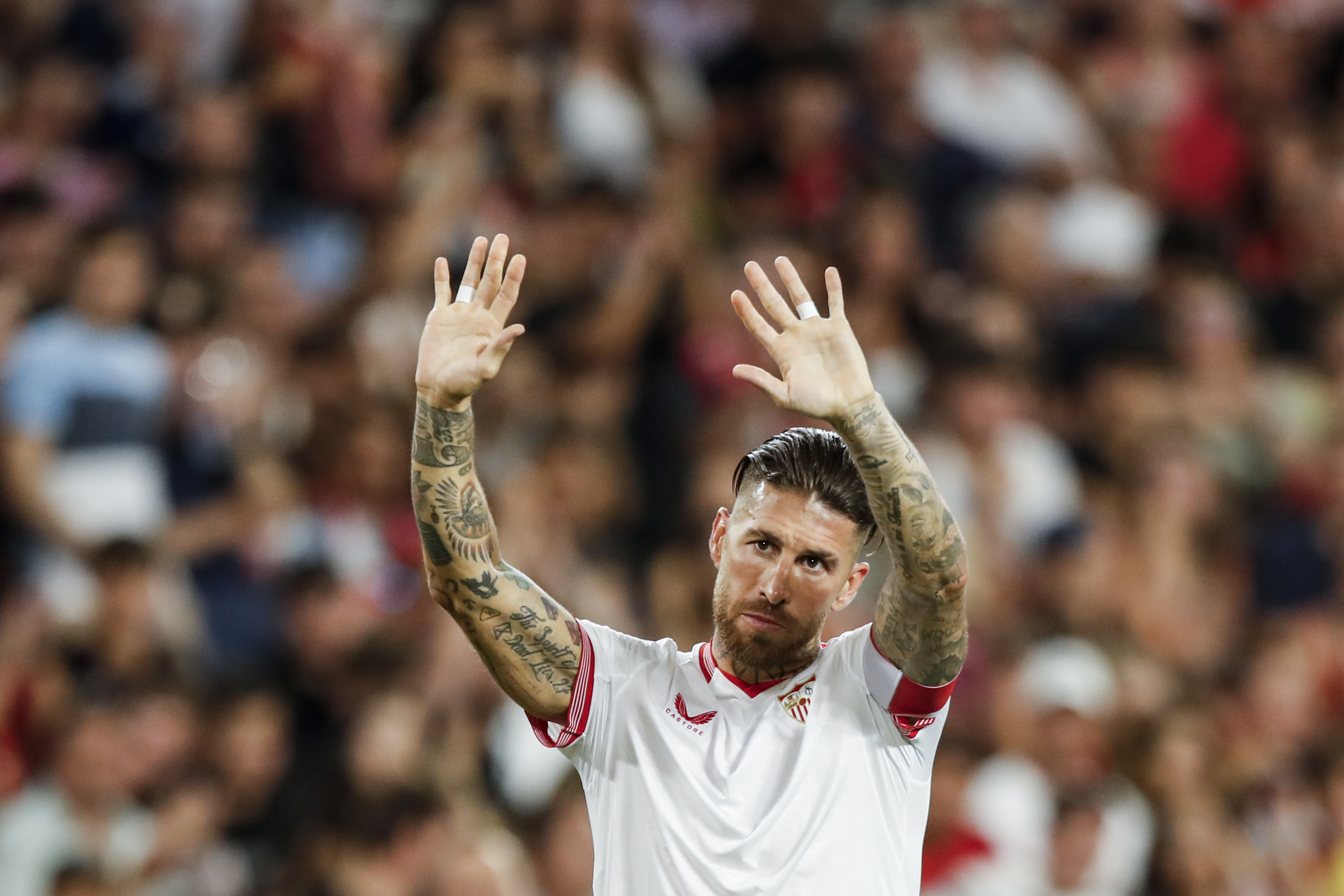 Sevilla's Sergio Ramos gestures during a Spanish La Liga soccer match.