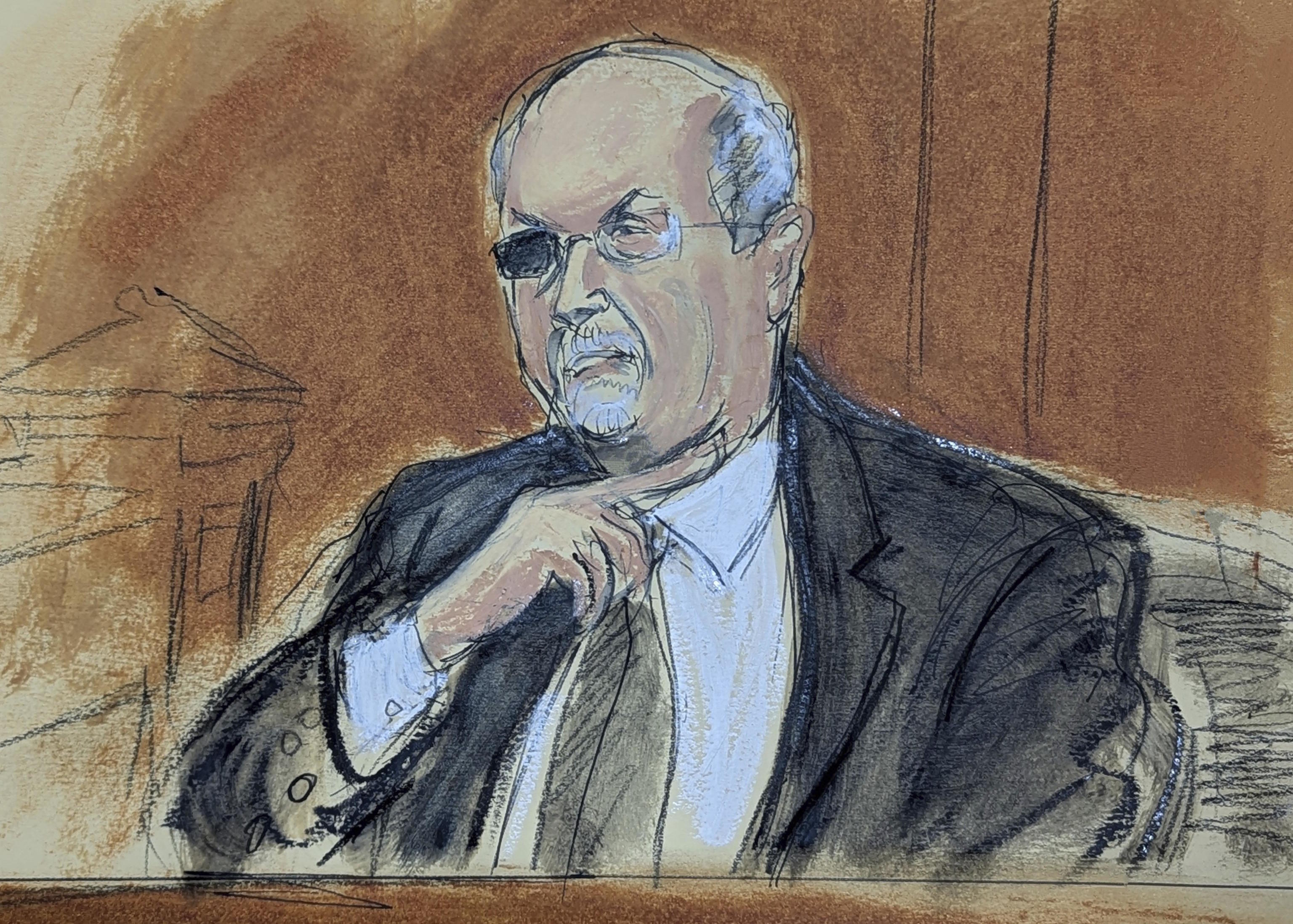 In this courtroom sketch, Salman Rushdie testifies on the witness stand.