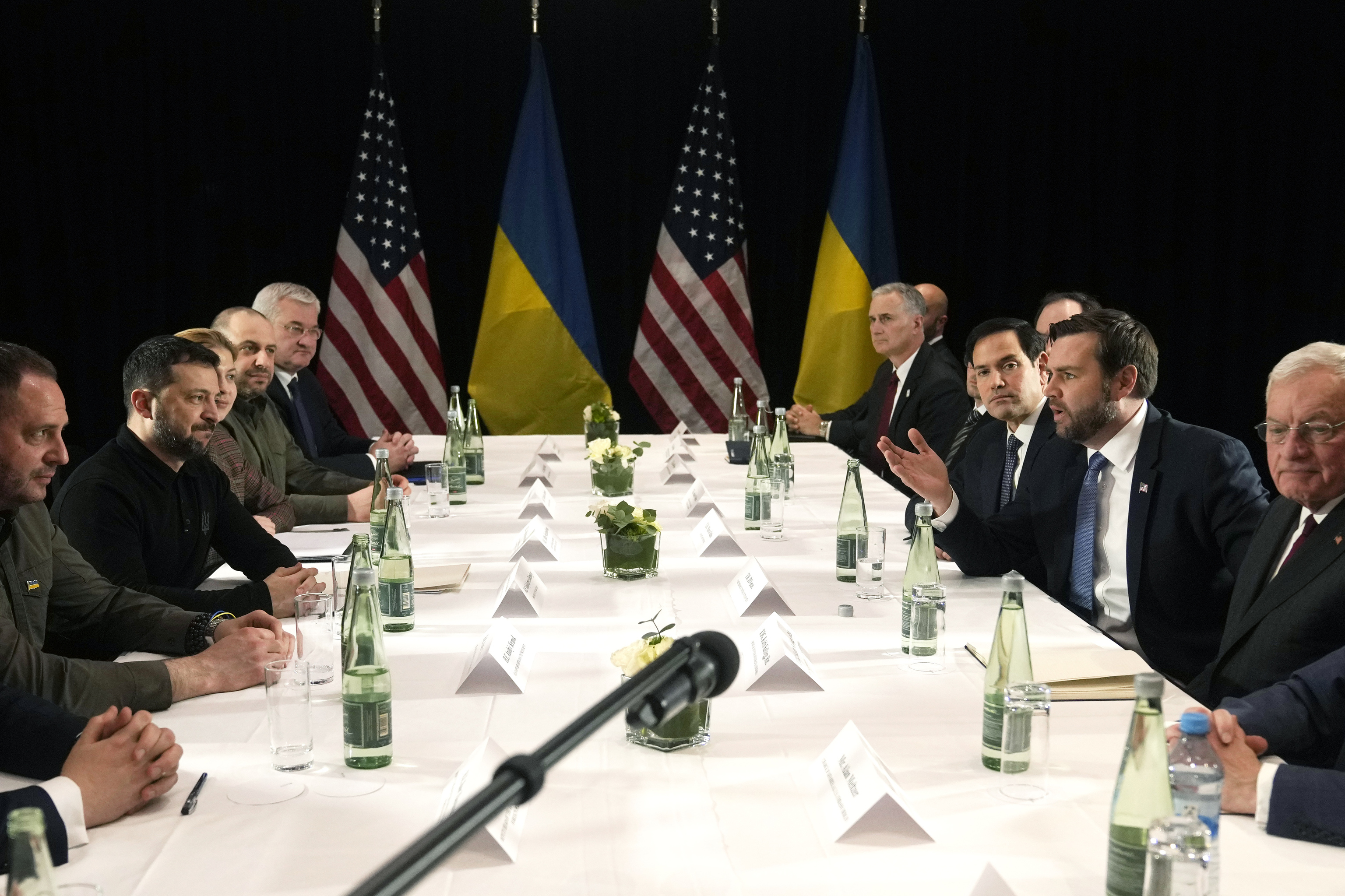 United States Vice-President JD Vance, second right, and United States Secretary of State Marco Rubio, third right, meet with Ukraine's President Volodymyr Zelenskyy, second left, during a bilateral meeting.