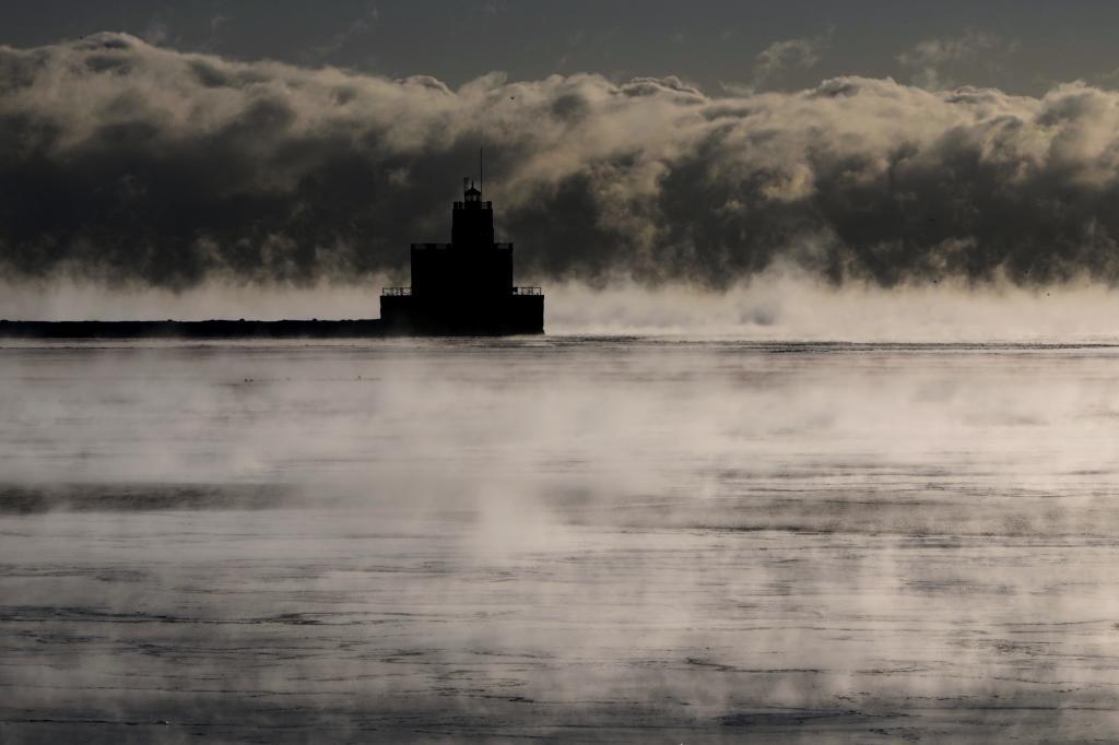 With temperatures below zero, steam rises over Lake Michigan