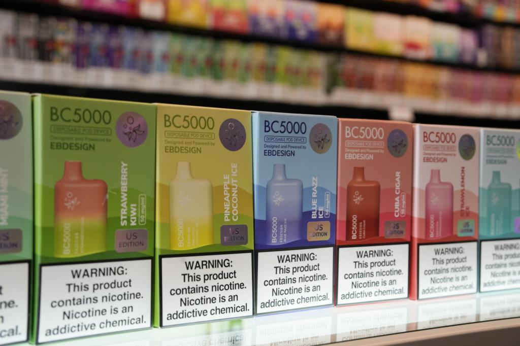 Varieties of disposable flavored electronic cigarette devices manufactured by EB Design