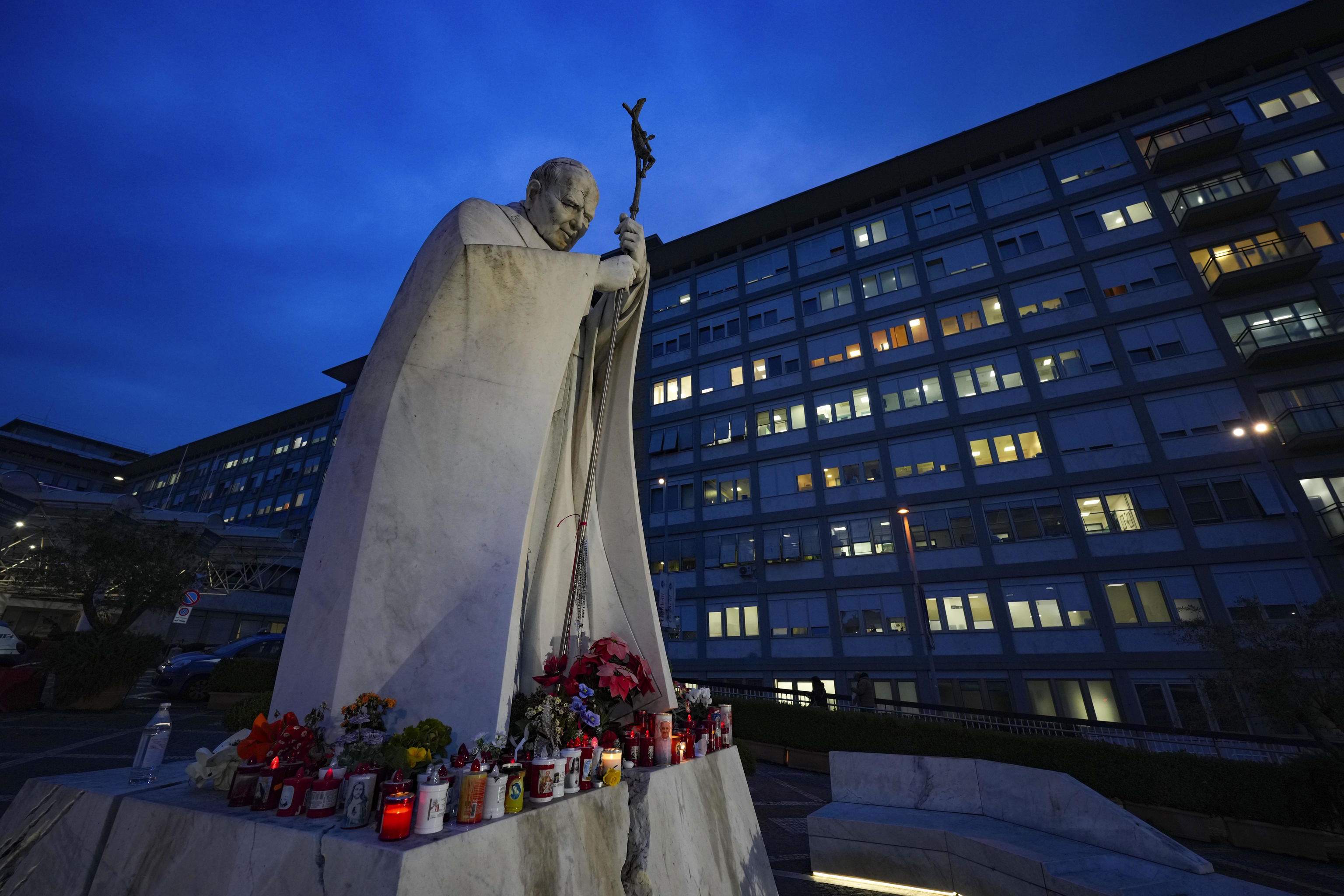 A statue of Pope John Paul II in front of the Agostino Gemelli Polyclinic, Rome.