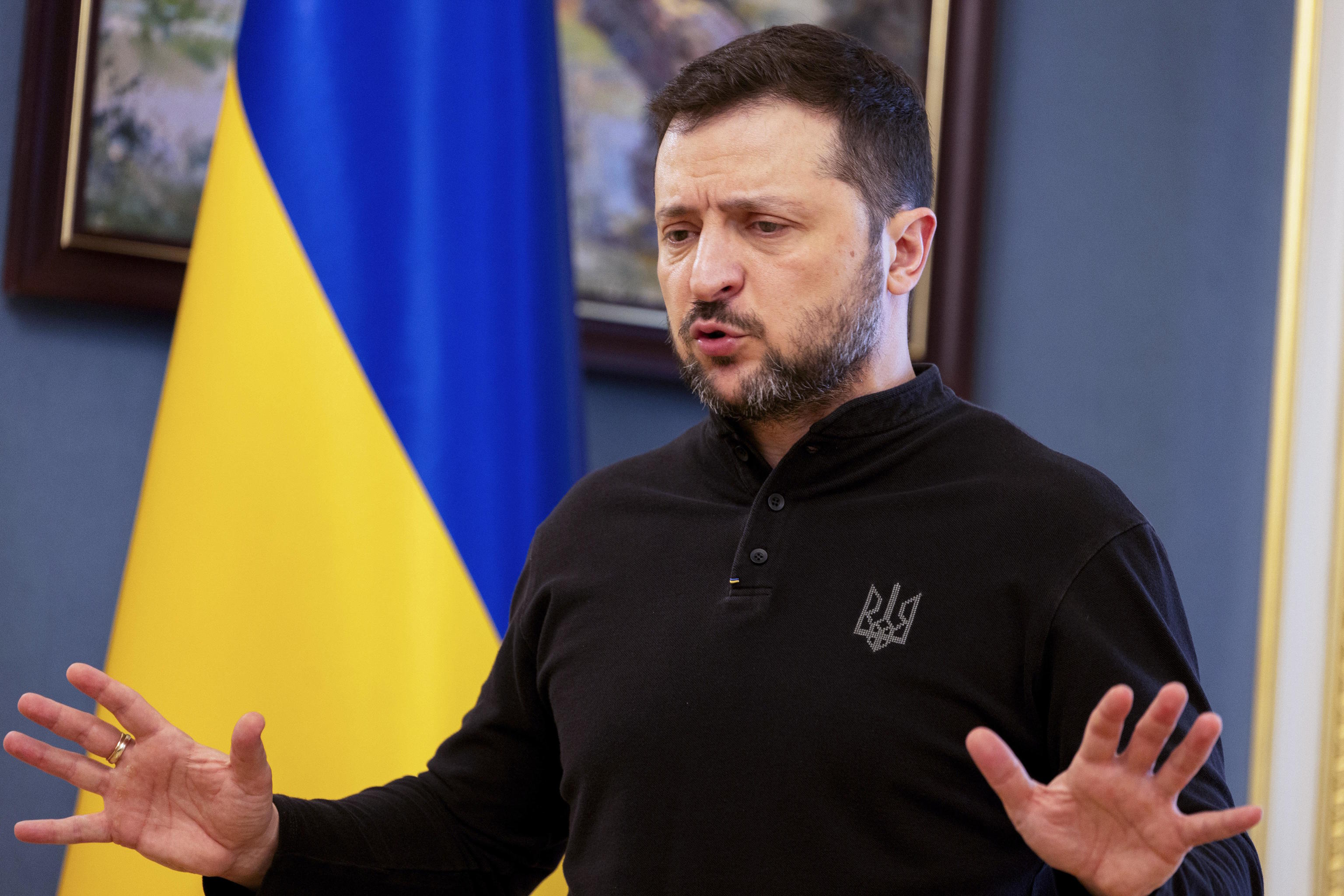 Ukraine's President Volodymyr Zelensky gives a press conference in Kyiv.