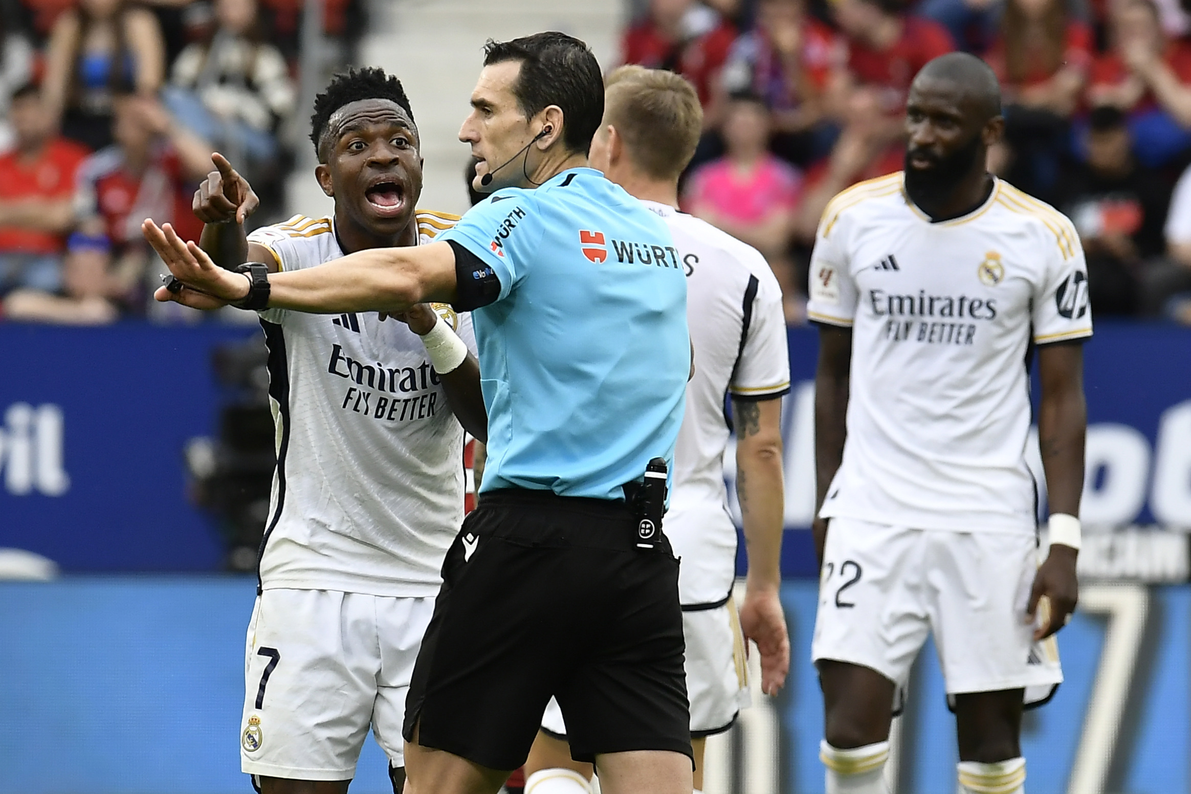 Real Madrid's Vinicius Junior argues to referee Juan Martinez Munuera during the Spanish La Liga soccer.