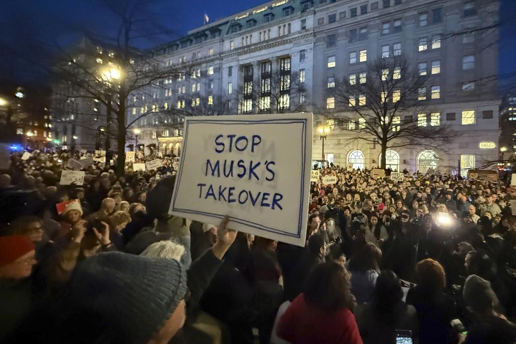 People protest during a rally outside the Treasury Department in Washington