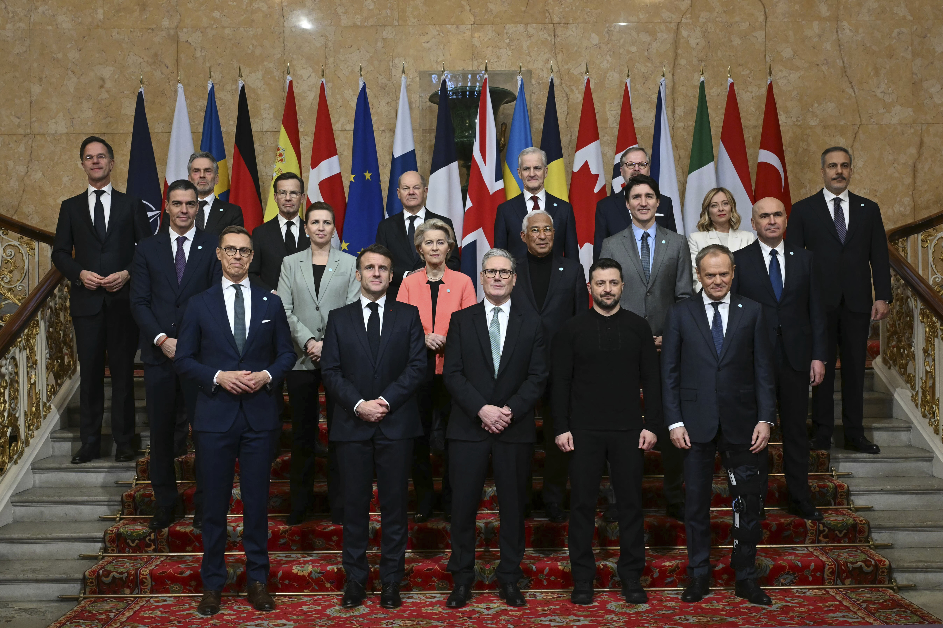 Britain's Prime Minister Keir Starmer, front center, hosts the European leaders' summit to discuss Ukraine.