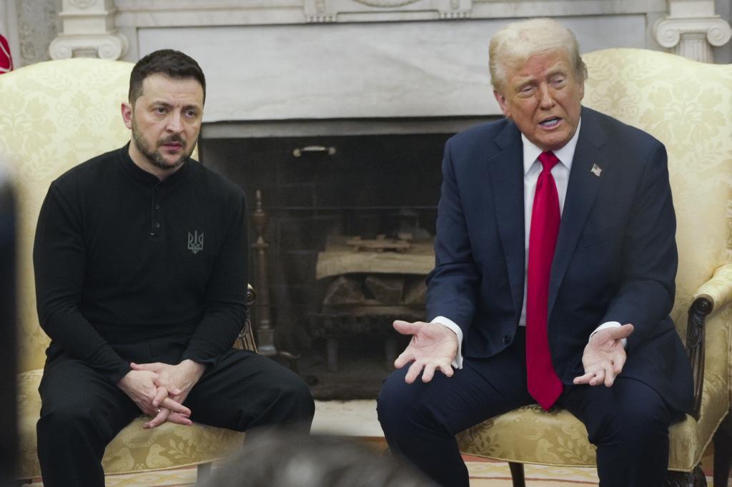 Vice President JD Vance, right, speaks with Ukrainian President Volodymyr Zelenskyy, left, as President Donald Trump