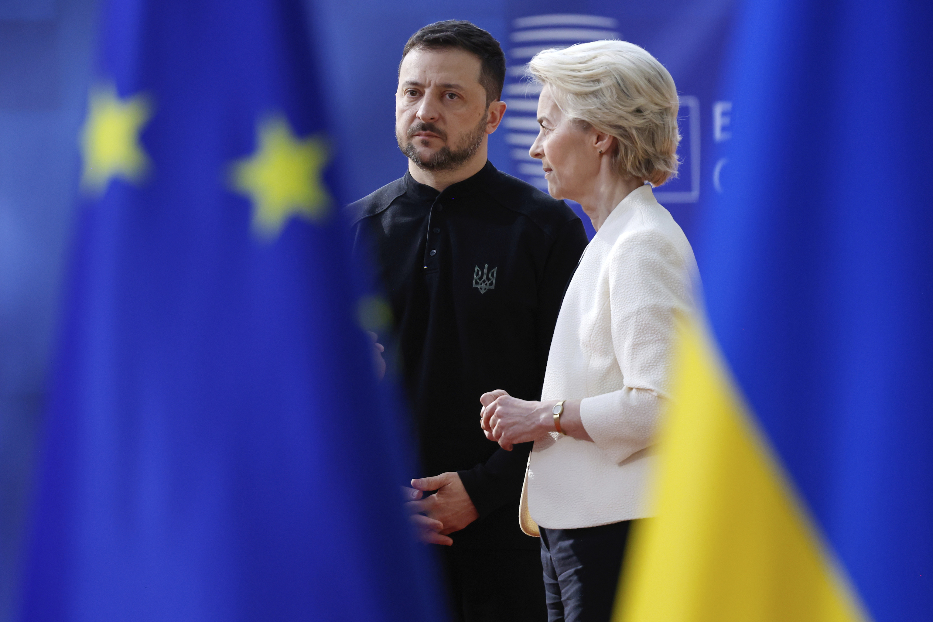 European Commission President Ursula von der Leyen, right, speaks with Ukraine's President Volodymyr Zelenskyy.