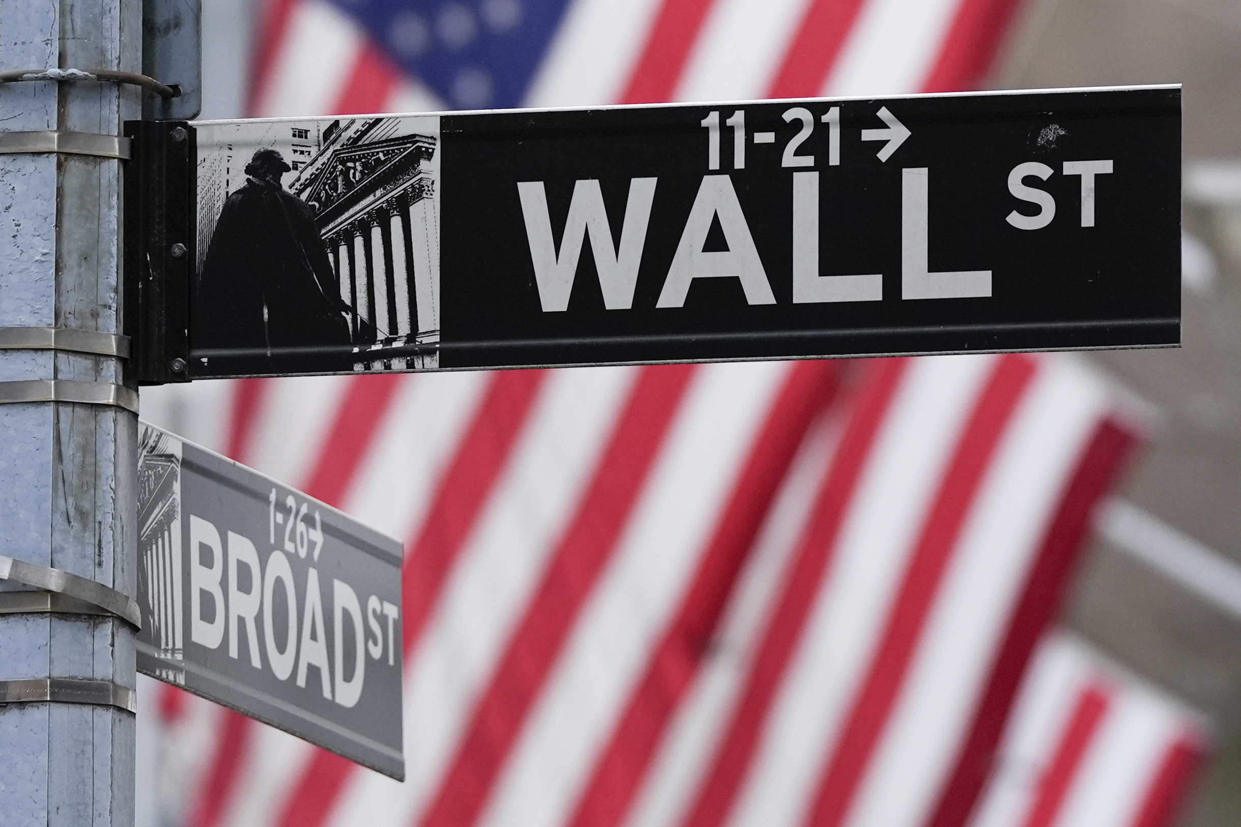 A sign outside the New York Stock Exchange marks the intersection of Wall and Broad Streets.