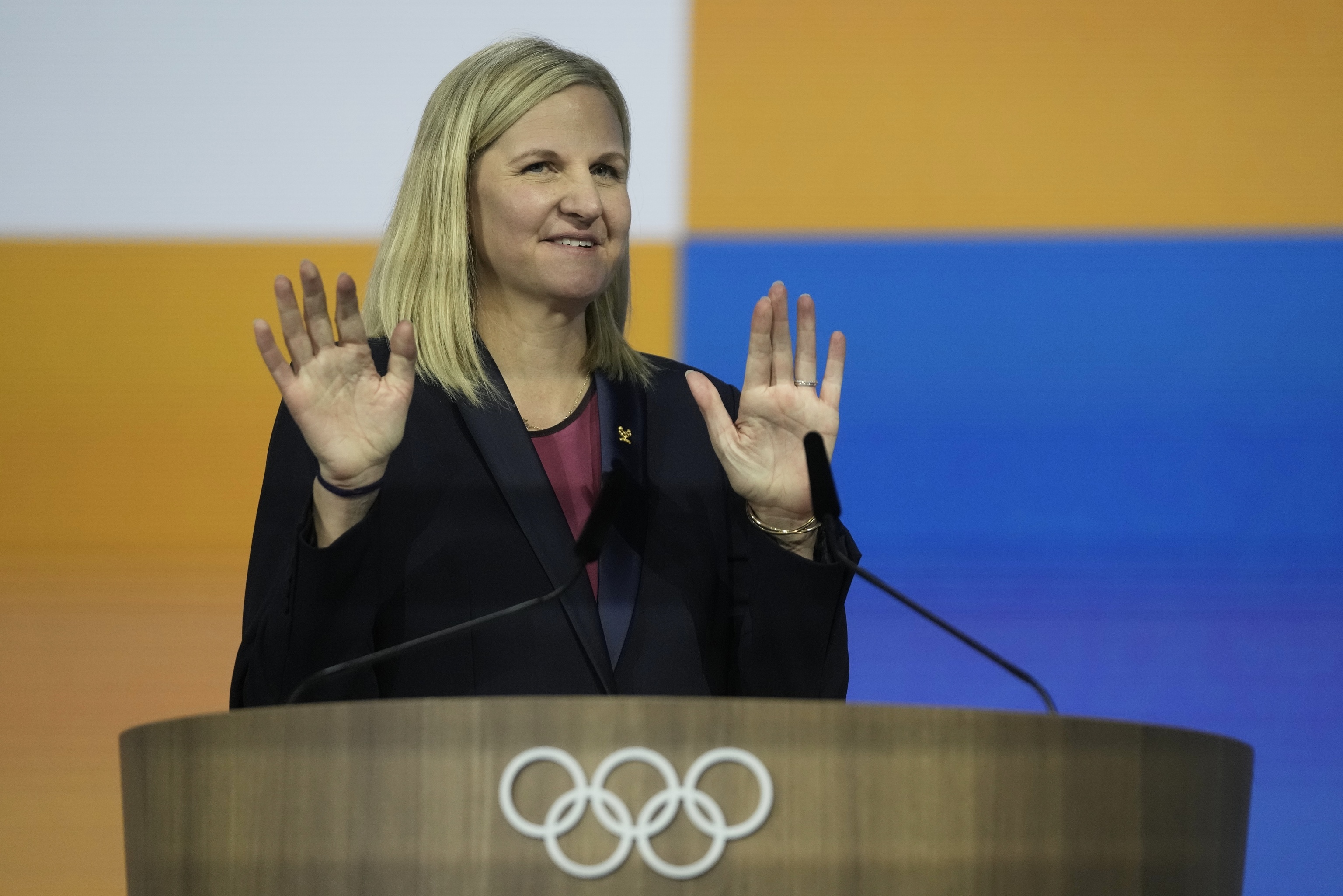 Kirsty Coventry, right, is embraced by Anita Defrantz after she was announced as the new IOC President at the International Olympic Committee.