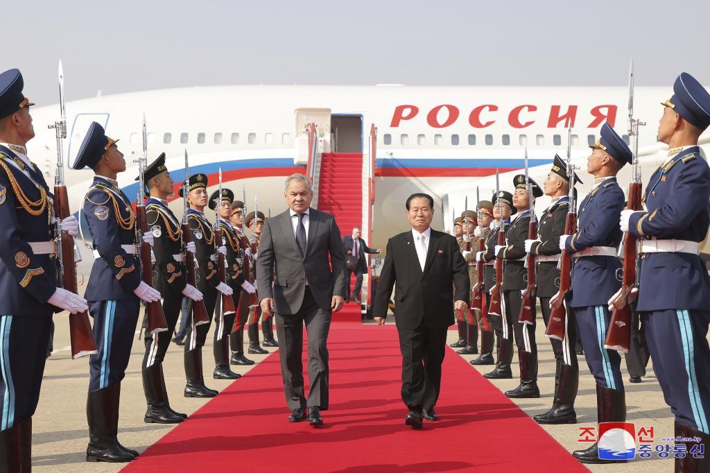 Russia's Security Council secretary, Sergey Shoigu, center left, who arrived at Pyongyang Airport