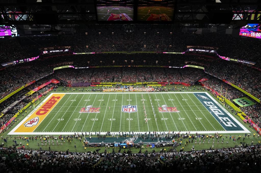 The Kansas City Chiefs kickoff against the Philadelphia Eagles to start the Super Bowl.