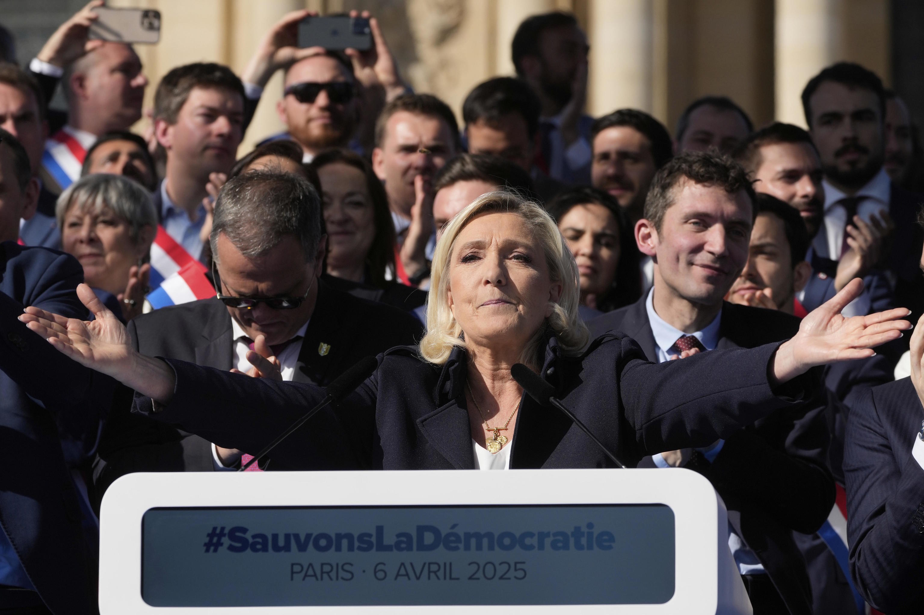 French right-wing leader Marine Le Pen during a demonstration.