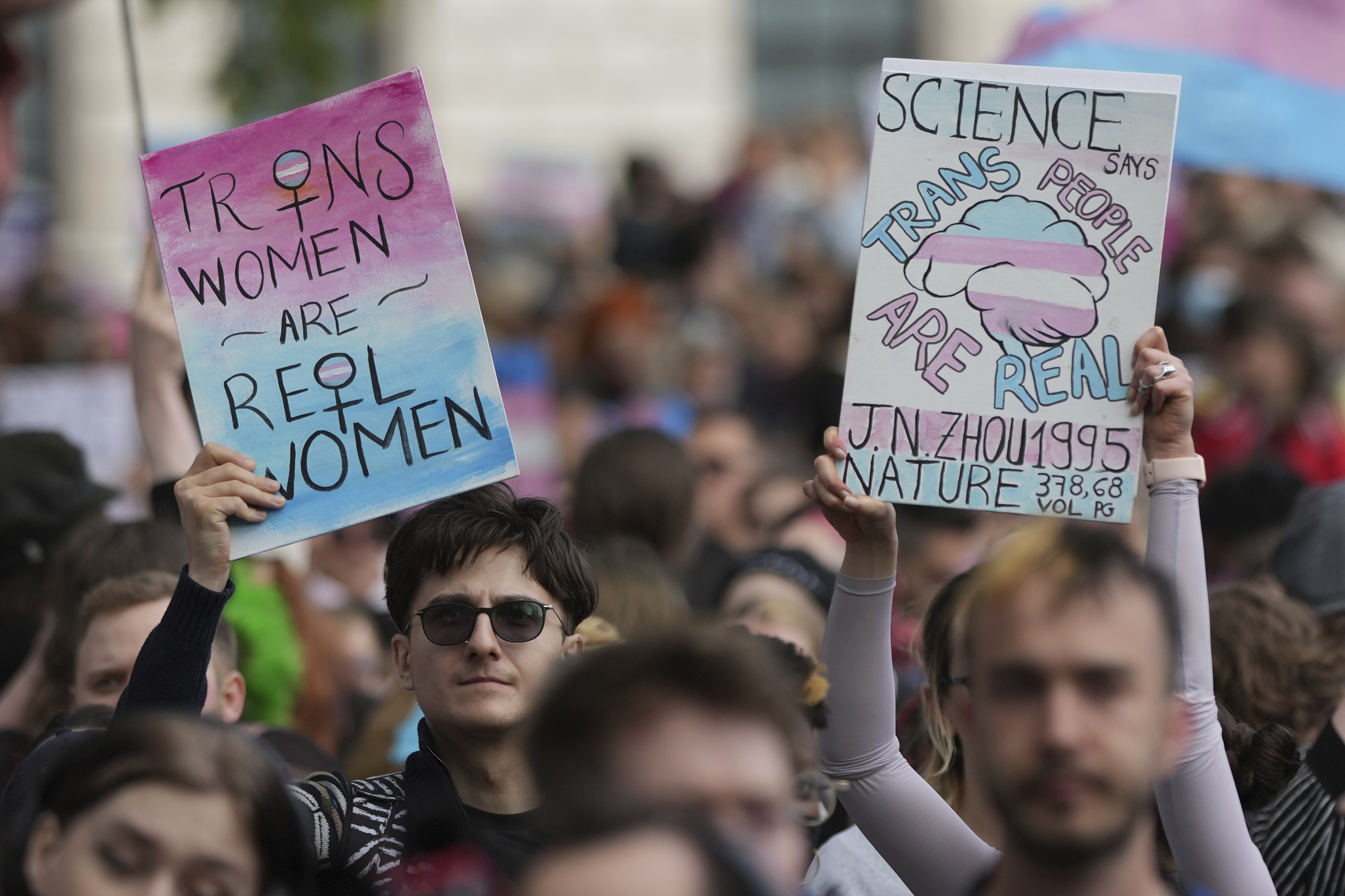 Campaigners take part in a rally organised by trans rights groups, trade unions, and community organisations following the Supreme Court ruling.