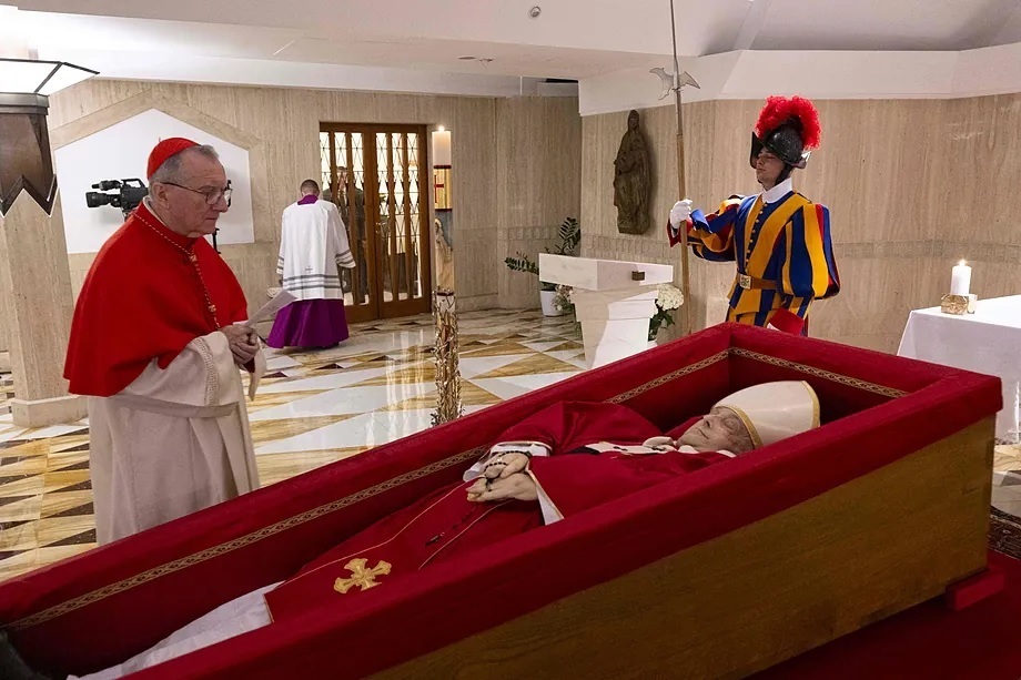 Pope Francis, in his coffin in a room at the Vatican.