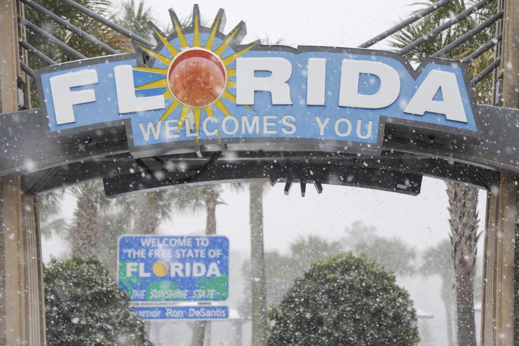 Snow falling outside a Florida welcome center.