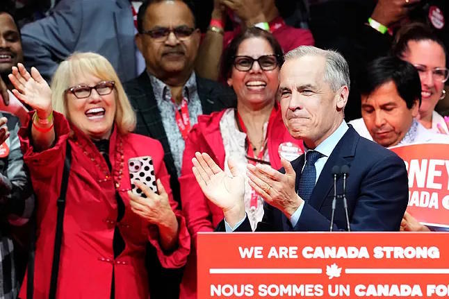Canadian Prime Minister Mark Carney smiles after winning the Canadian election.