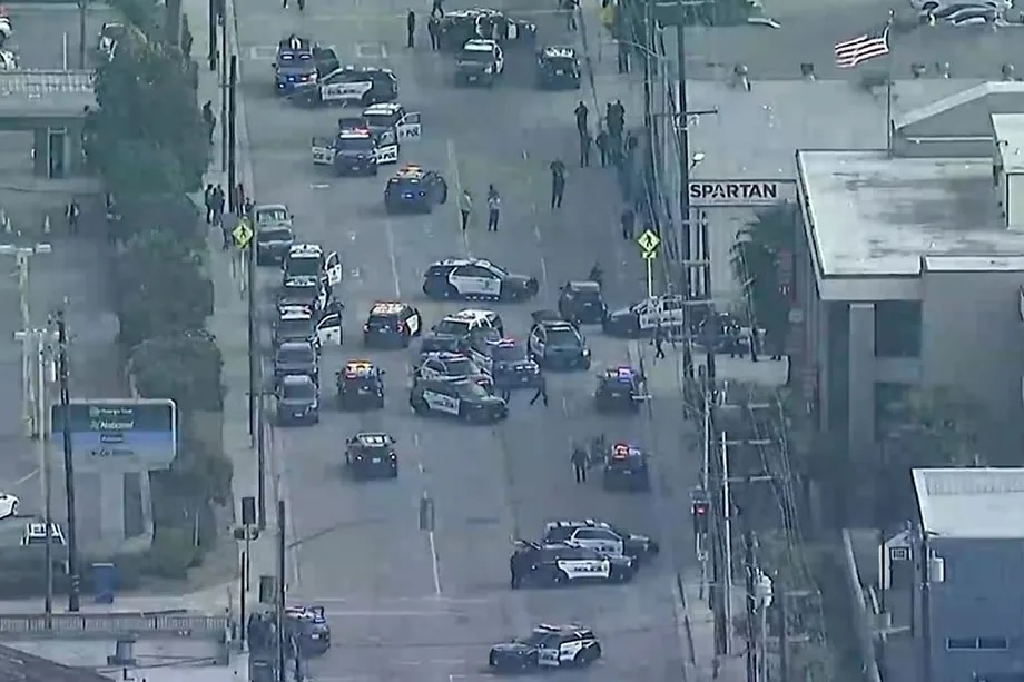 A multitude of police cars at the entrance of the educational center.
